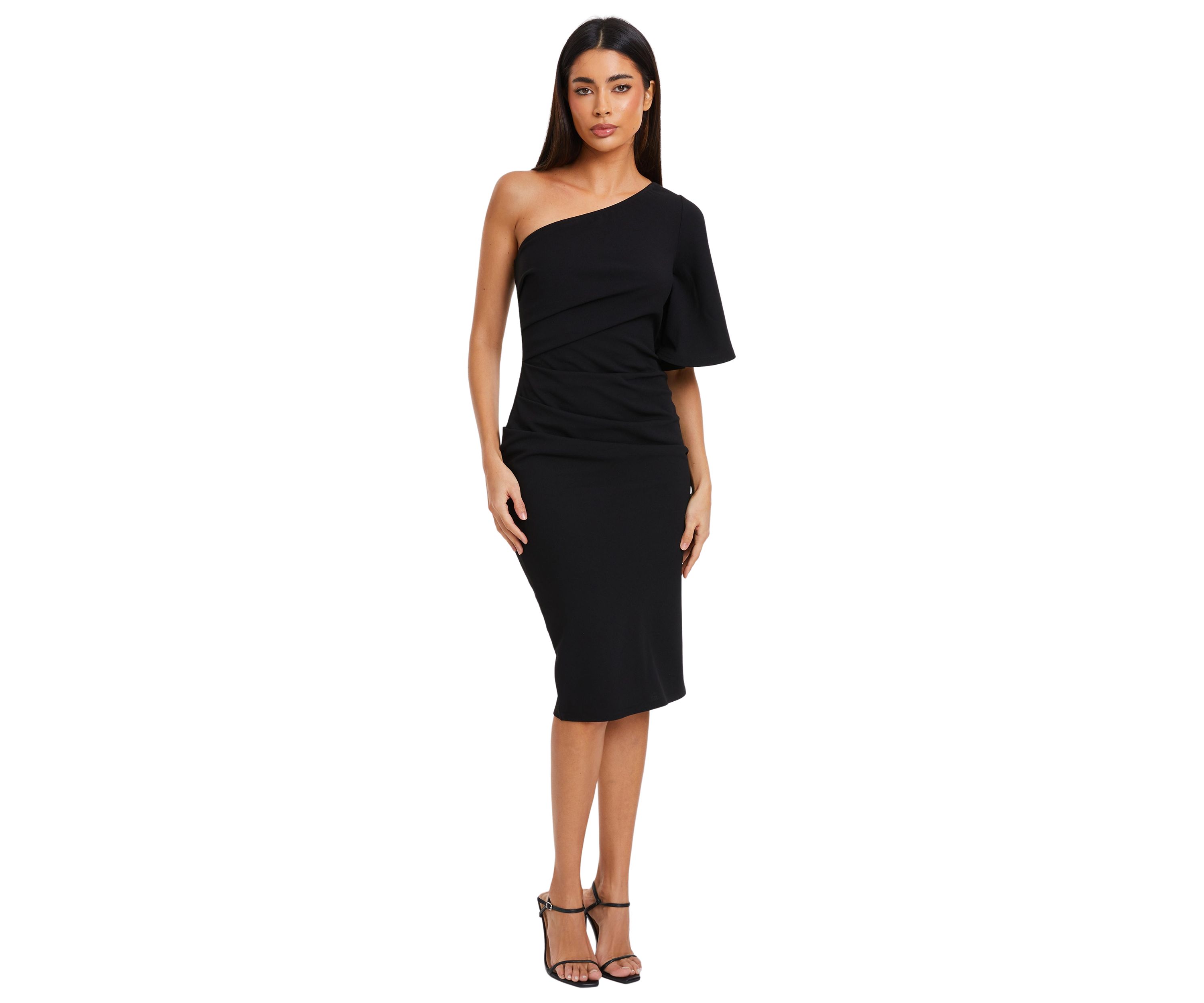 Womens One Shoulder Solid Midi Sheath Dress