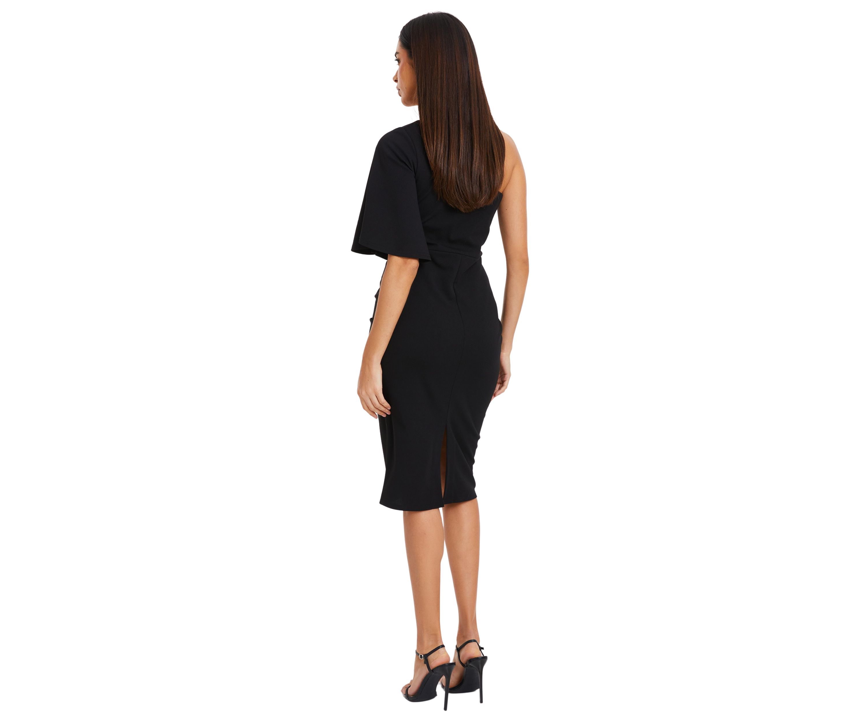 Womens One Shoulder Solid Midi Sheath Dress