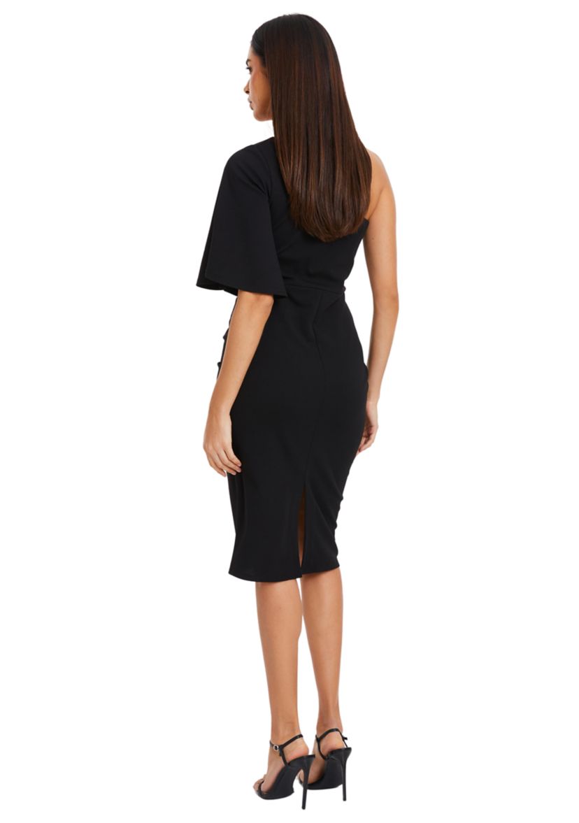 Womens One Shoulder Solid Midi Sheath Dress