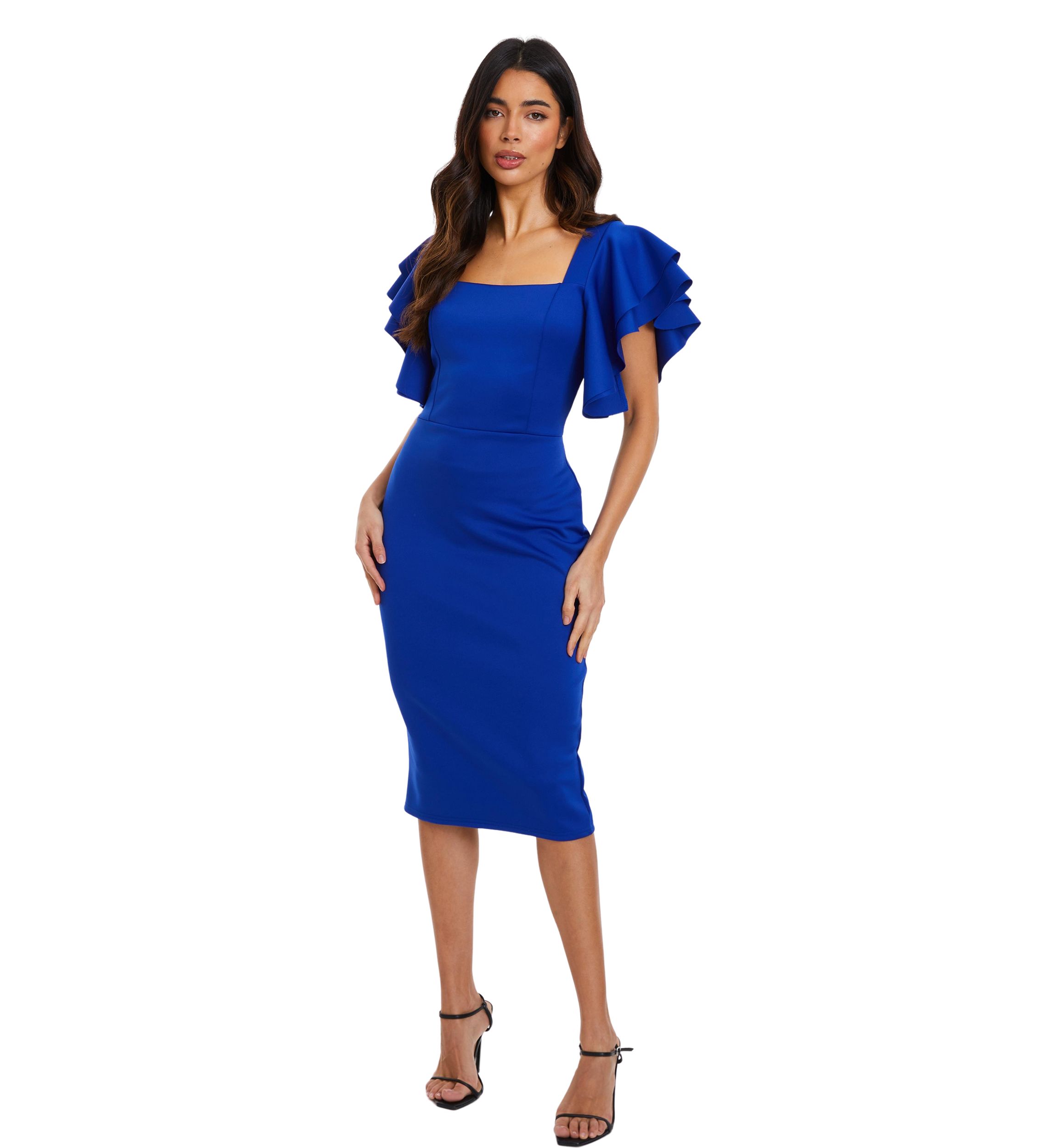 Womens Scuba Square Neck Frill Midi Dress