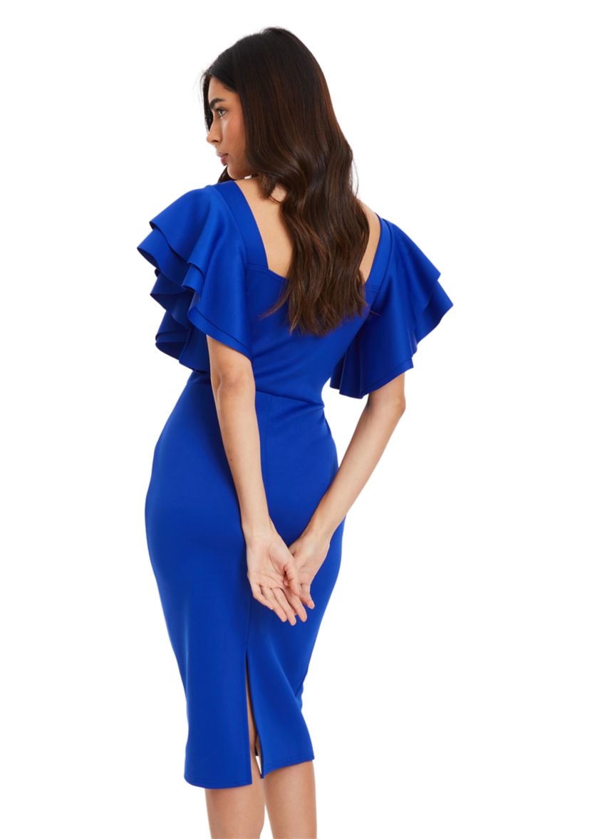 Womens Scuba Square Neck Frill Midi Dress