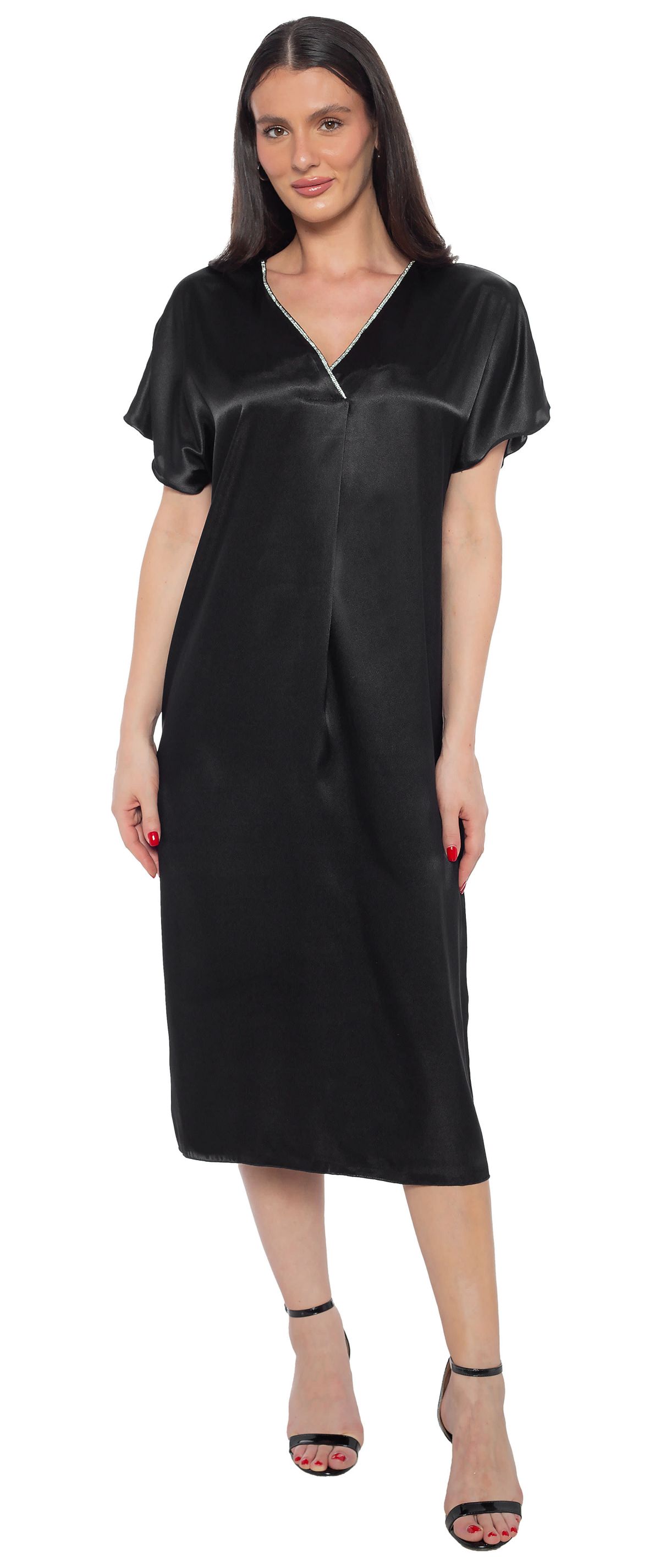 Satin Kaftan Dress with Rhinestone V Neck