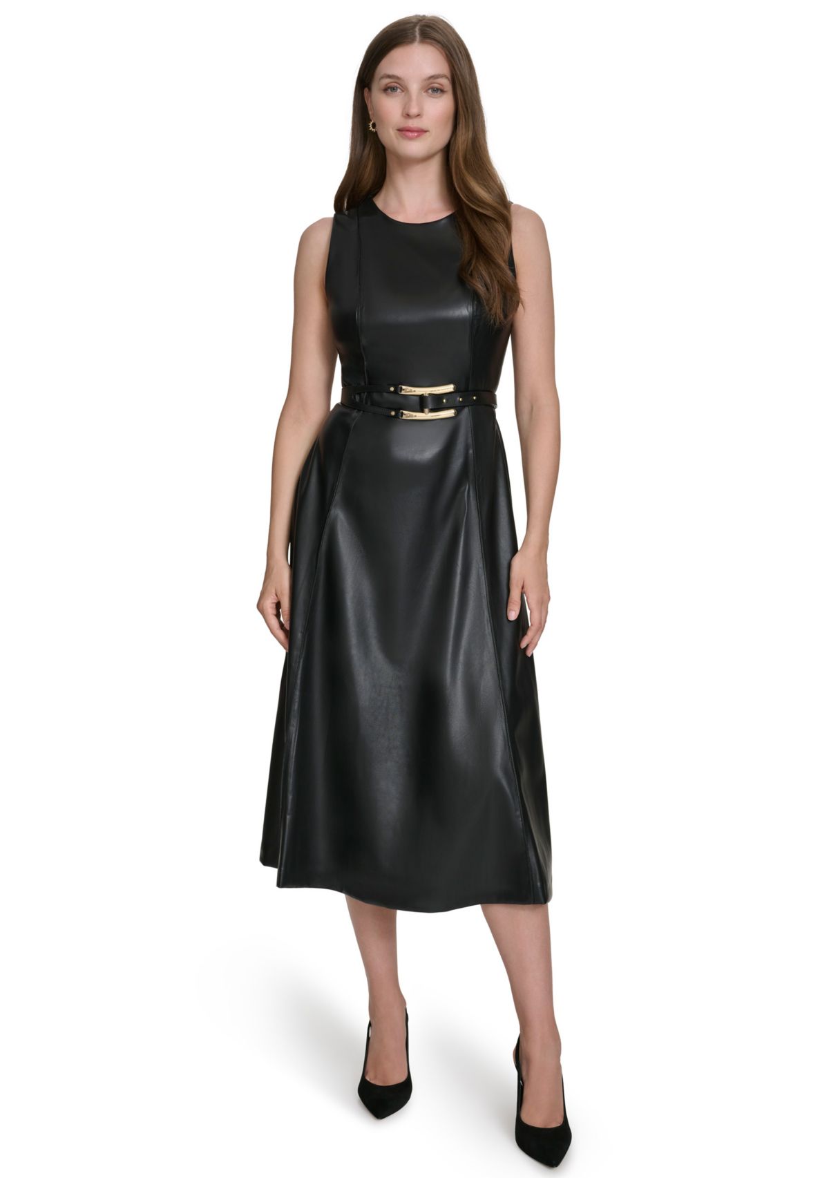 Womens Vegan Leather Belted Fit and Flare Dress
