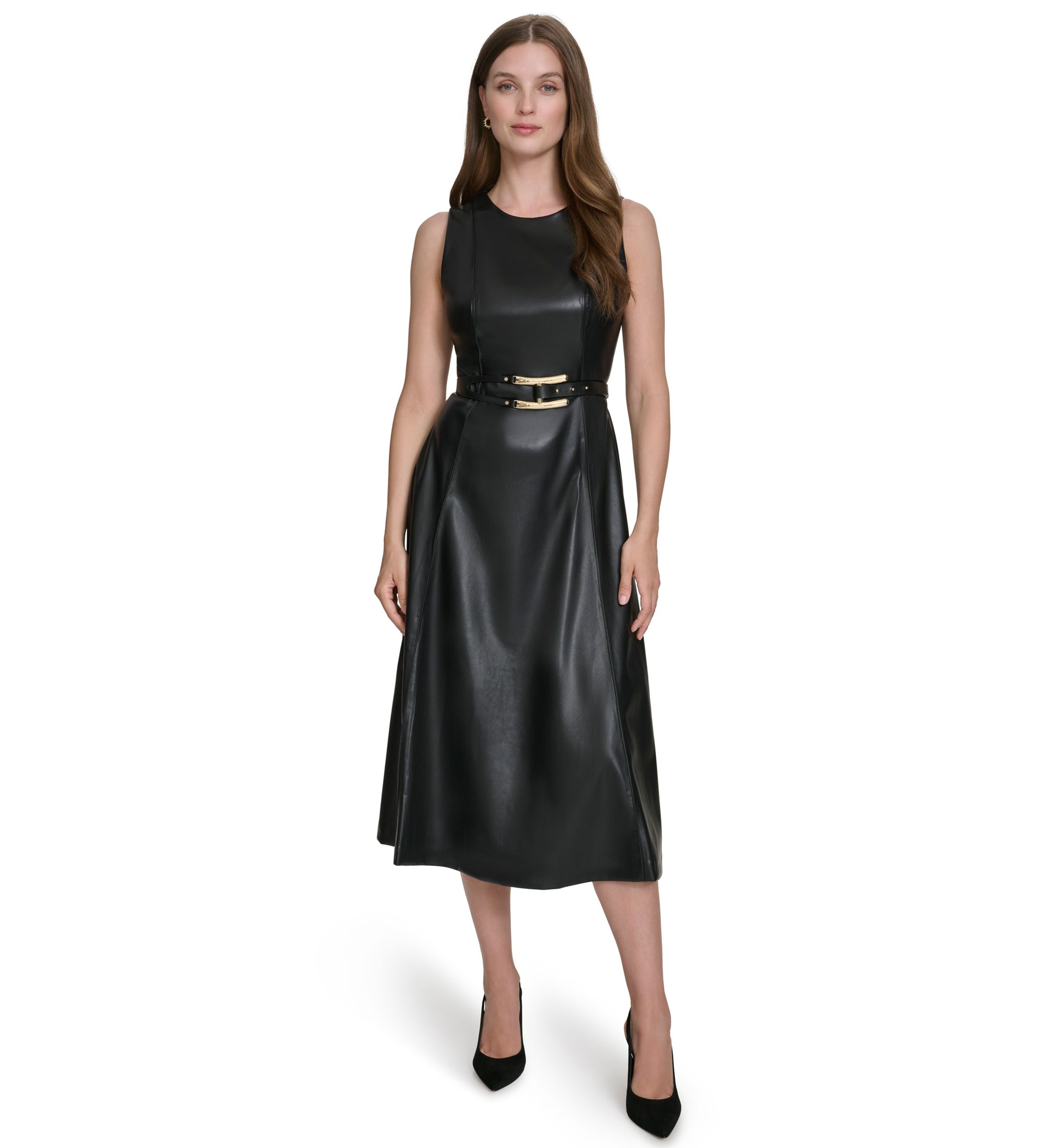 Womens Vegan Leather Belted Fit and Flare Dress