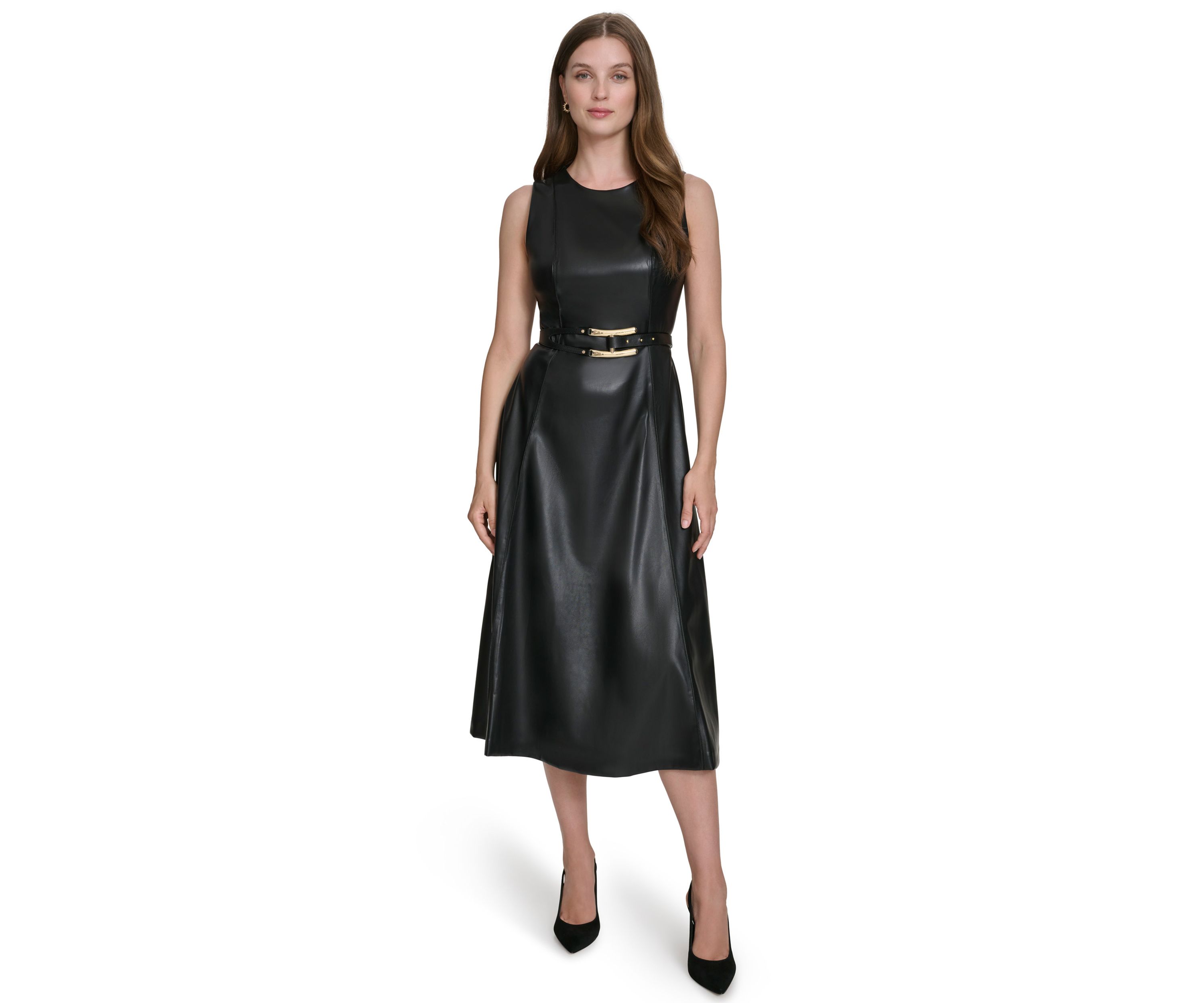 Womens Vegan Leather Belted Fit and Flare Dress