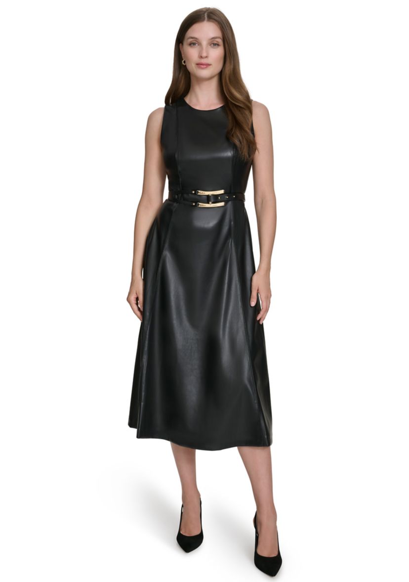 Womens Vegan Leather Belted Fit and Flare Dress