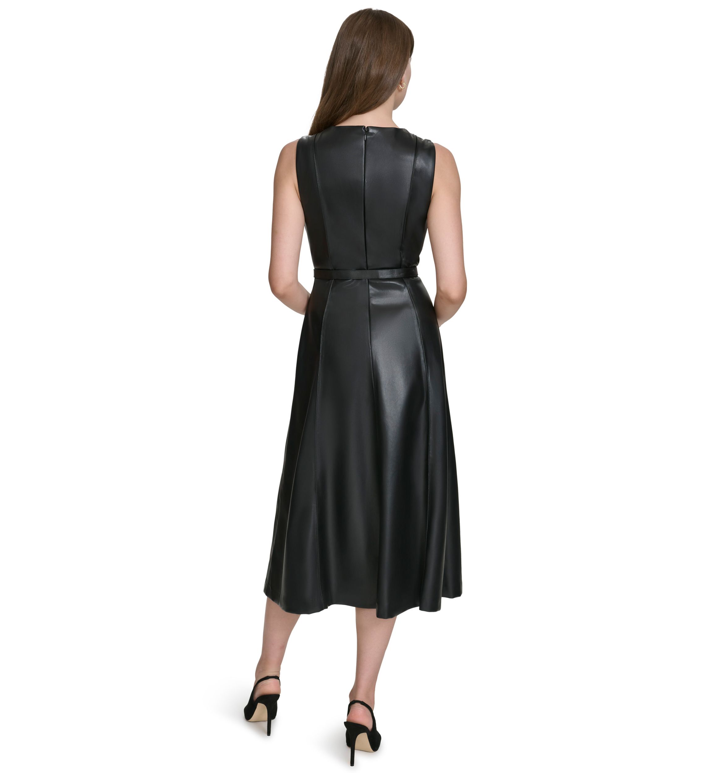 Womens Vegan Leather Belted Fit and Flare Dress