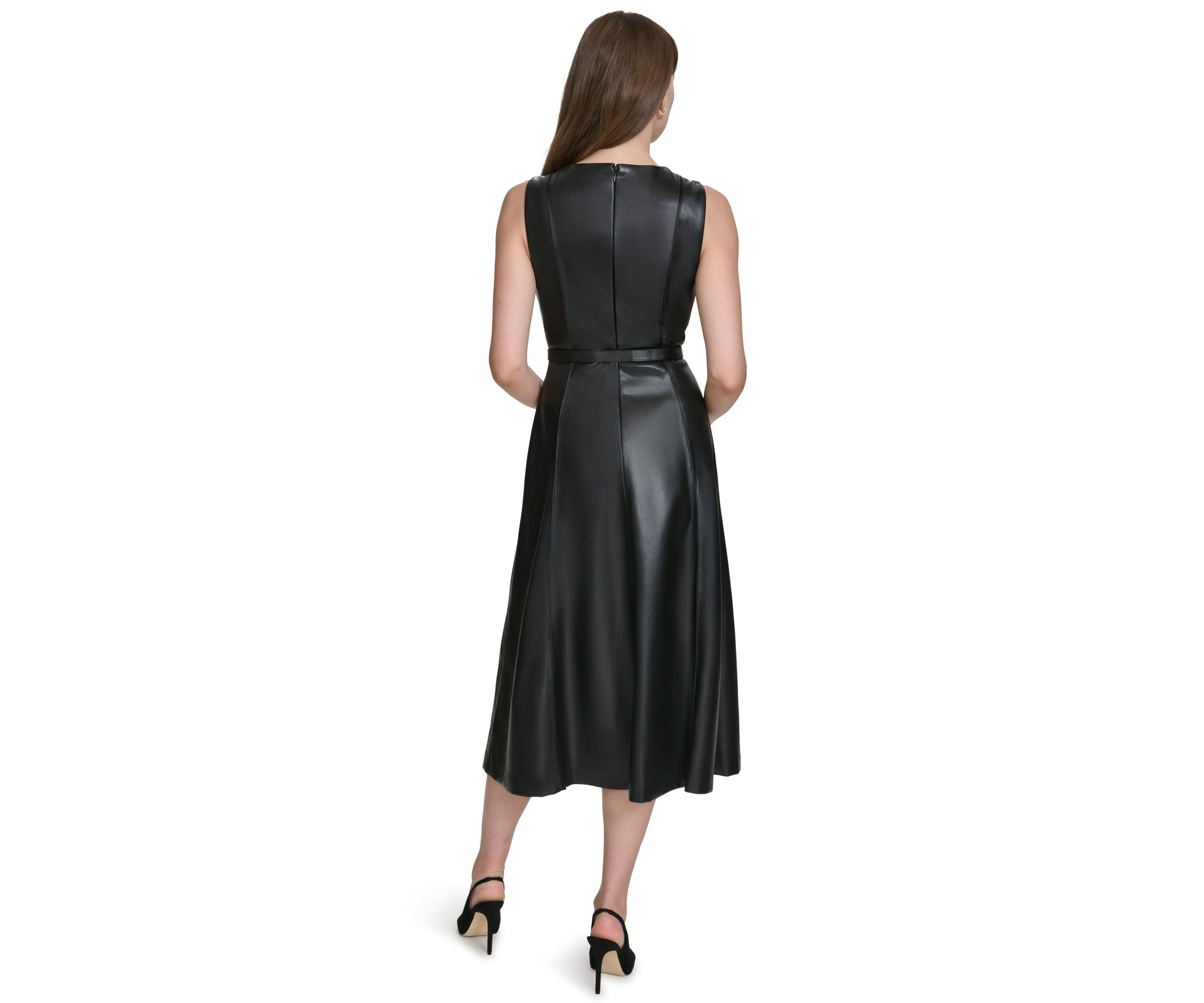 Womens Vegan Leather Belted Fit and Flare Dress