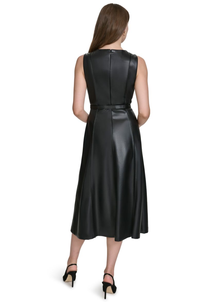 Womens Vegan Leather Belted Fit and Flare Dress