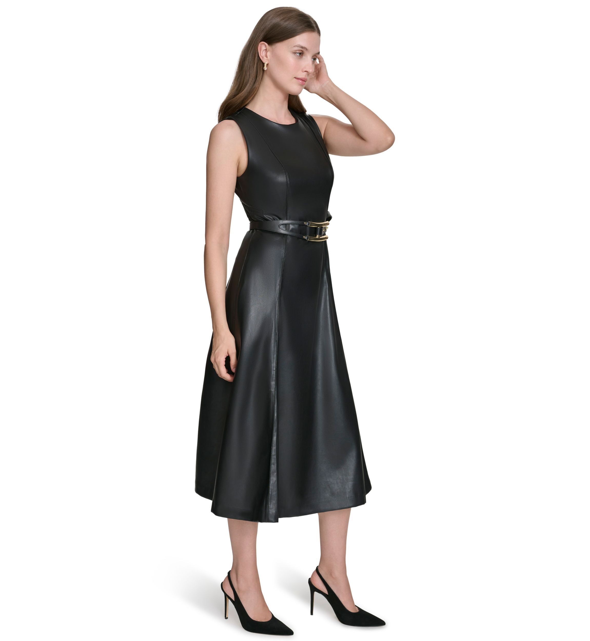 Womens Vegan Leather Belted Fit and Flare Dress