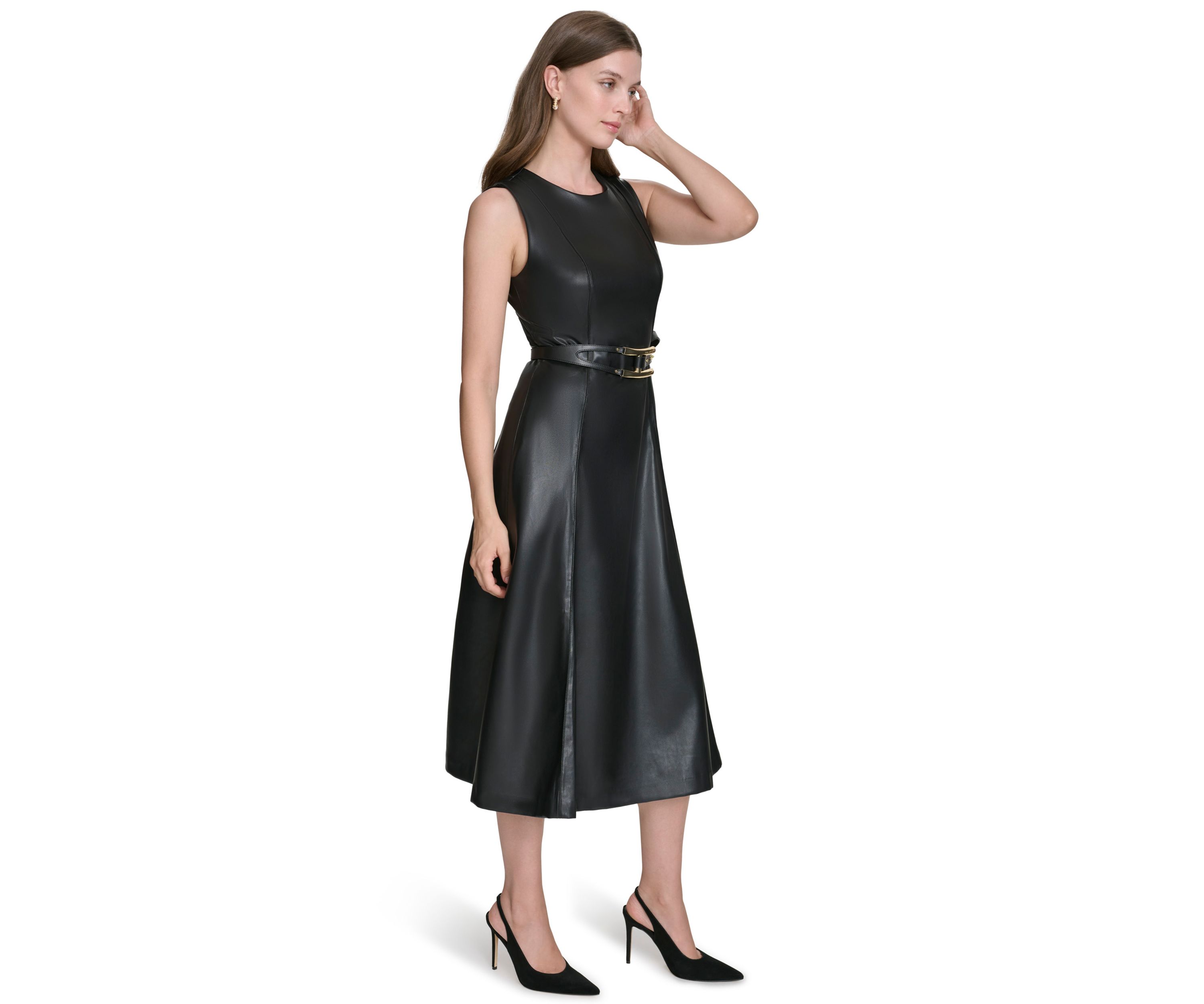 Womens Vegan Leather Belted Fit and Flare Dress