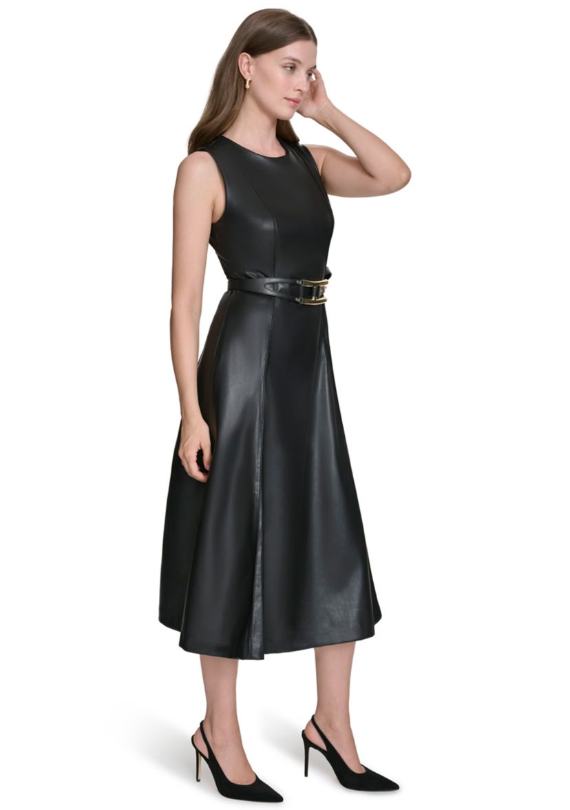Womens Vegan Leather Belted Fit and Flare Dress