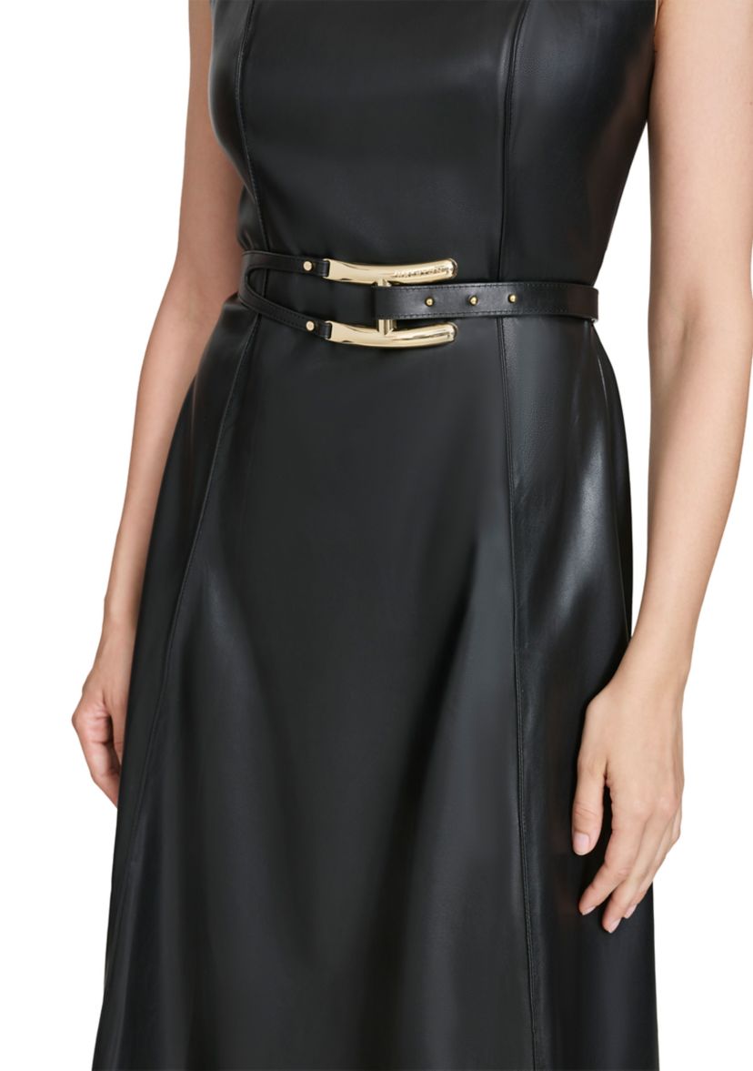 Womens Vegan Leather Belted Fit and Flare Dress