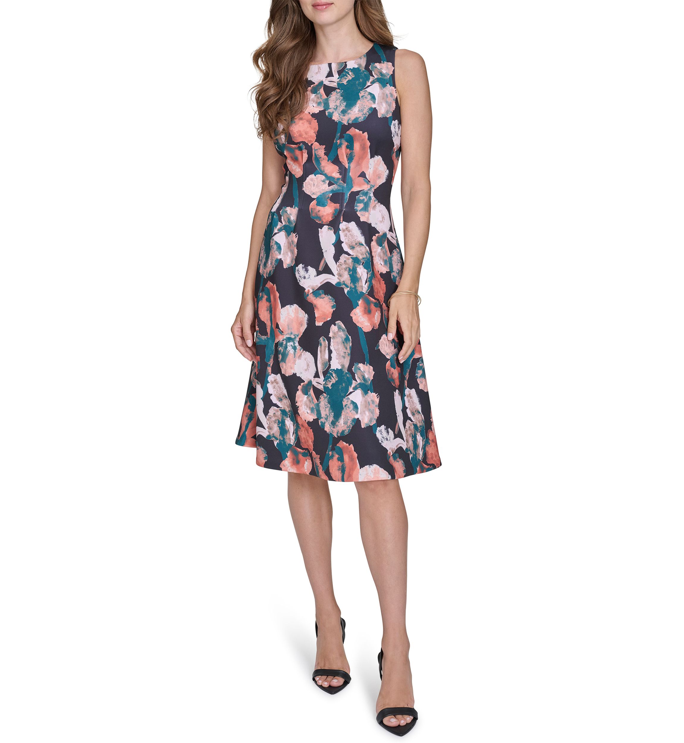Womens Sleeveless Floral Print Fit and Flare Midi Dress