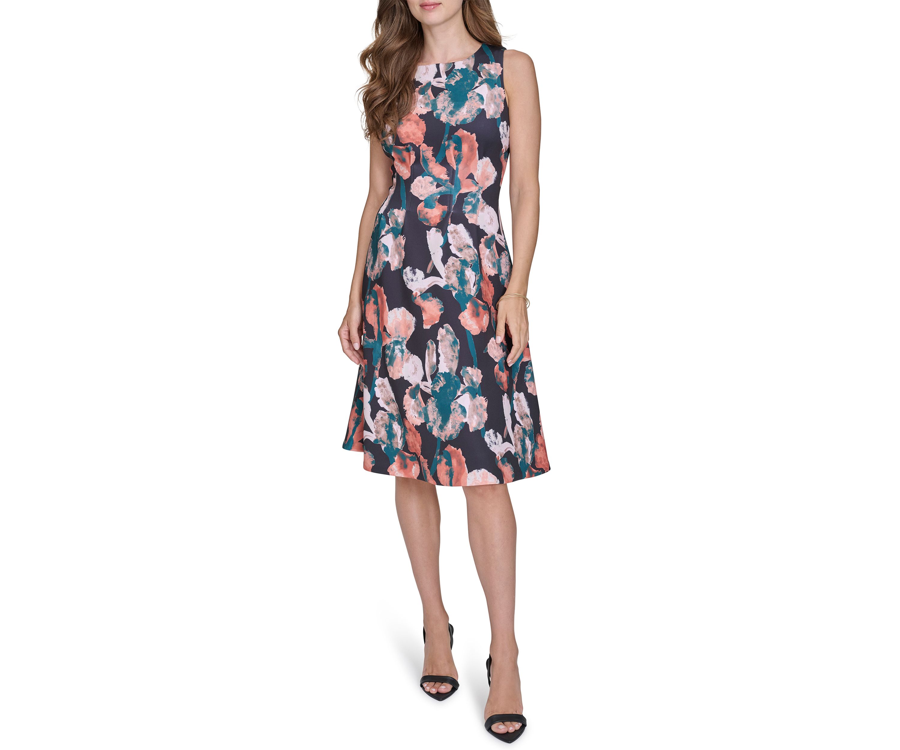 Womens Sleeveless Floral Print Fit and Flare Midi Dress