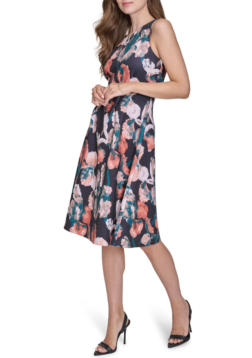 Womens Sleeveless Floral Print Fit and Flare Midi Dress
