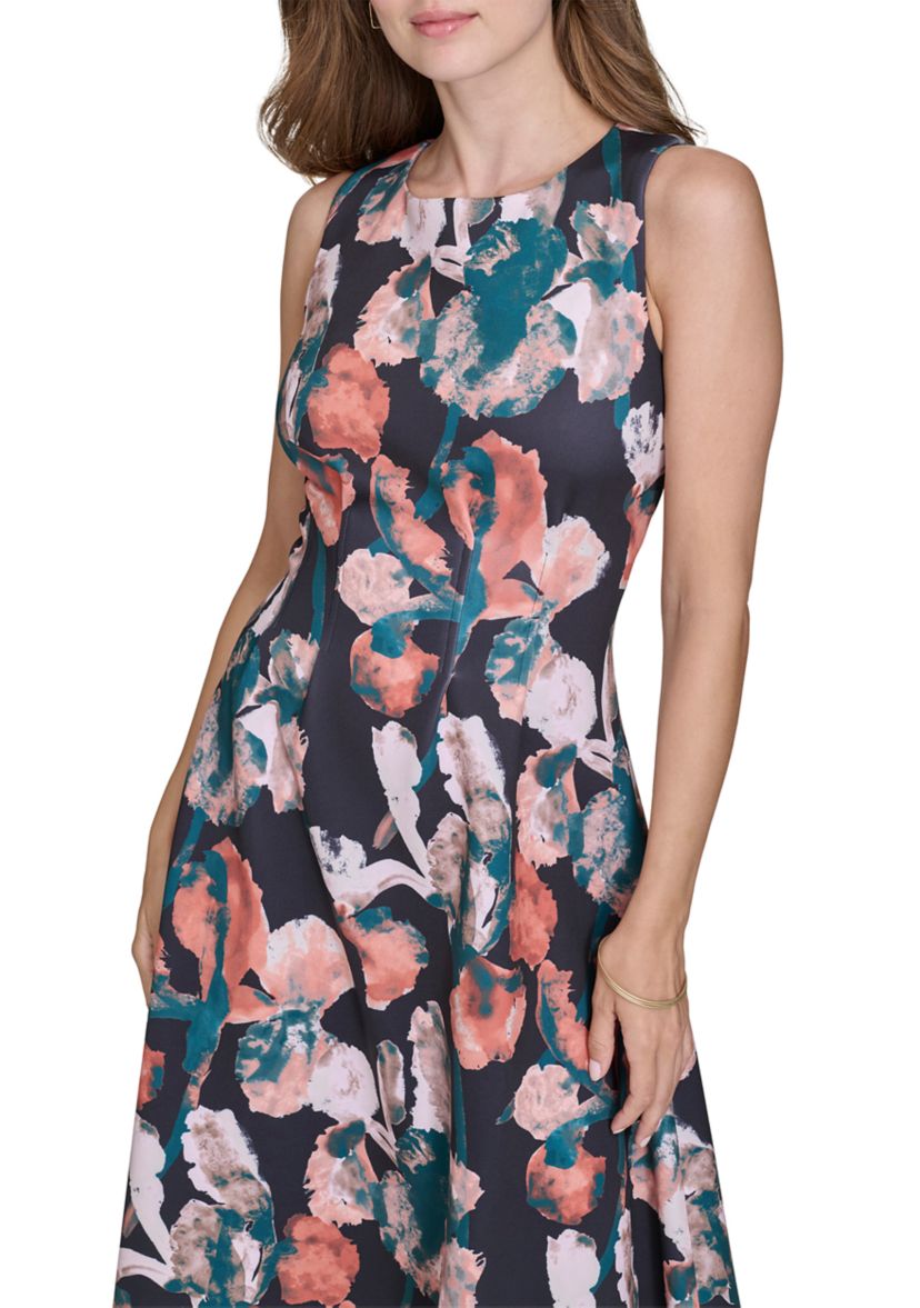 Womens Sleeveless Floral Print Fit and Flare Midi Dress