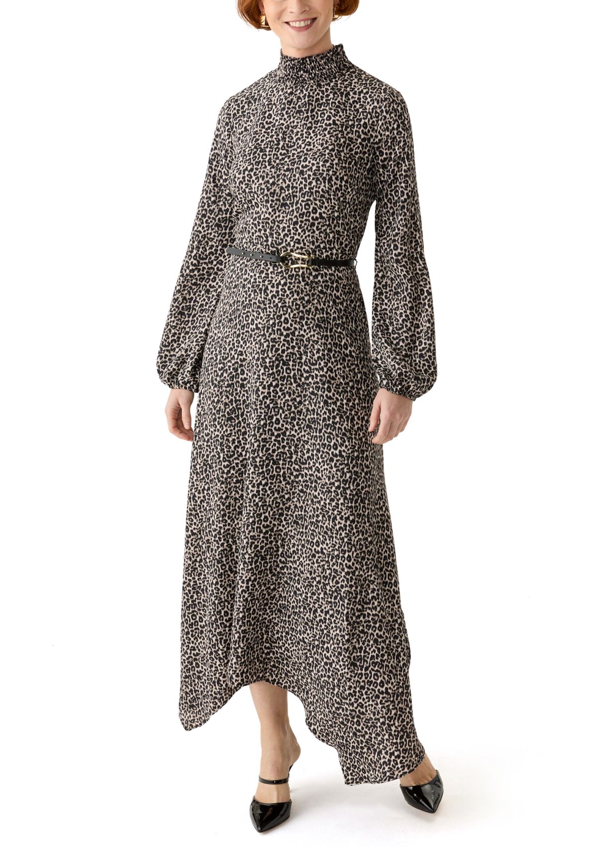 Womens Animal Printed Belted Midi Dress