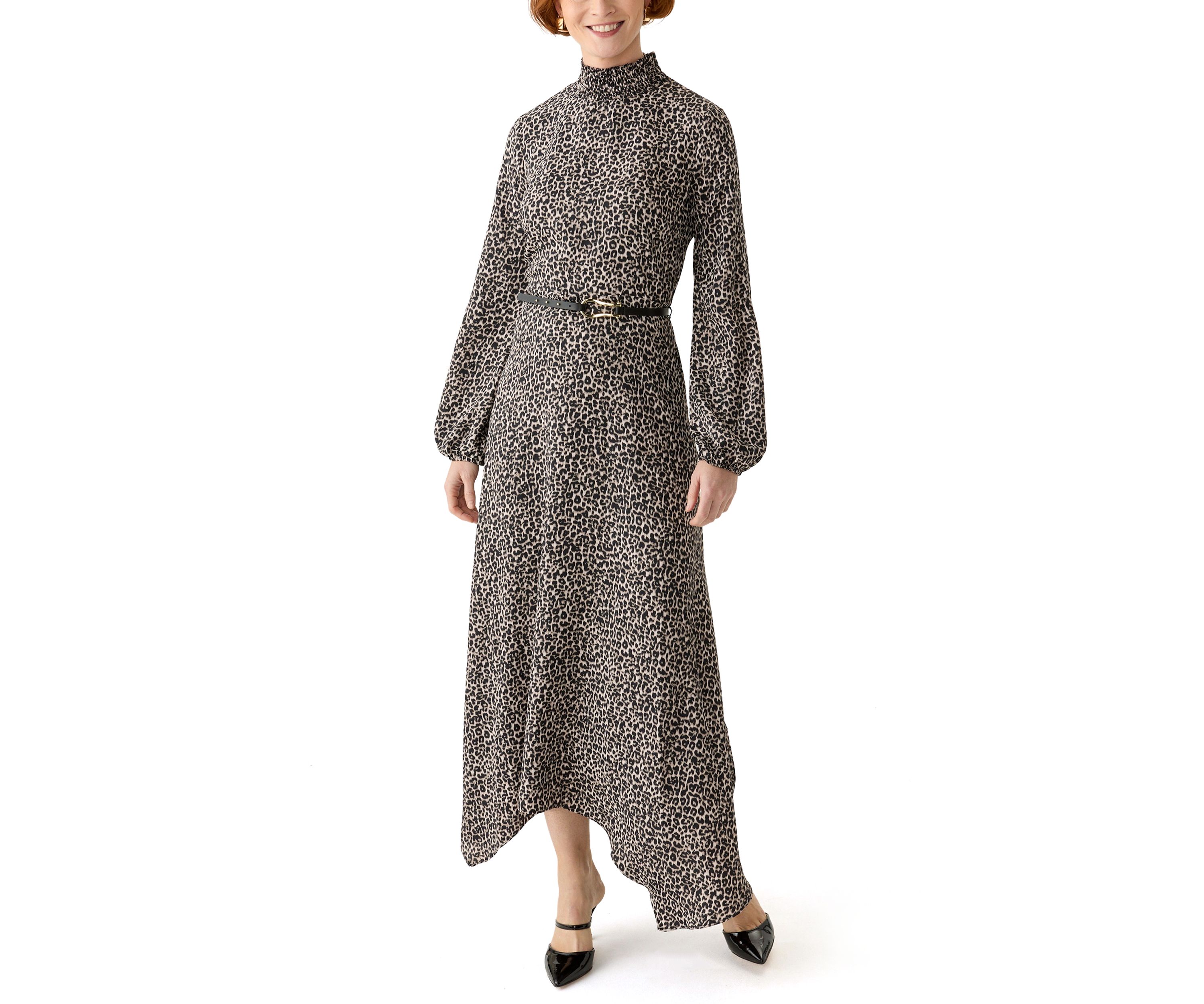 Womens Animal Printed Belted Midi Dress