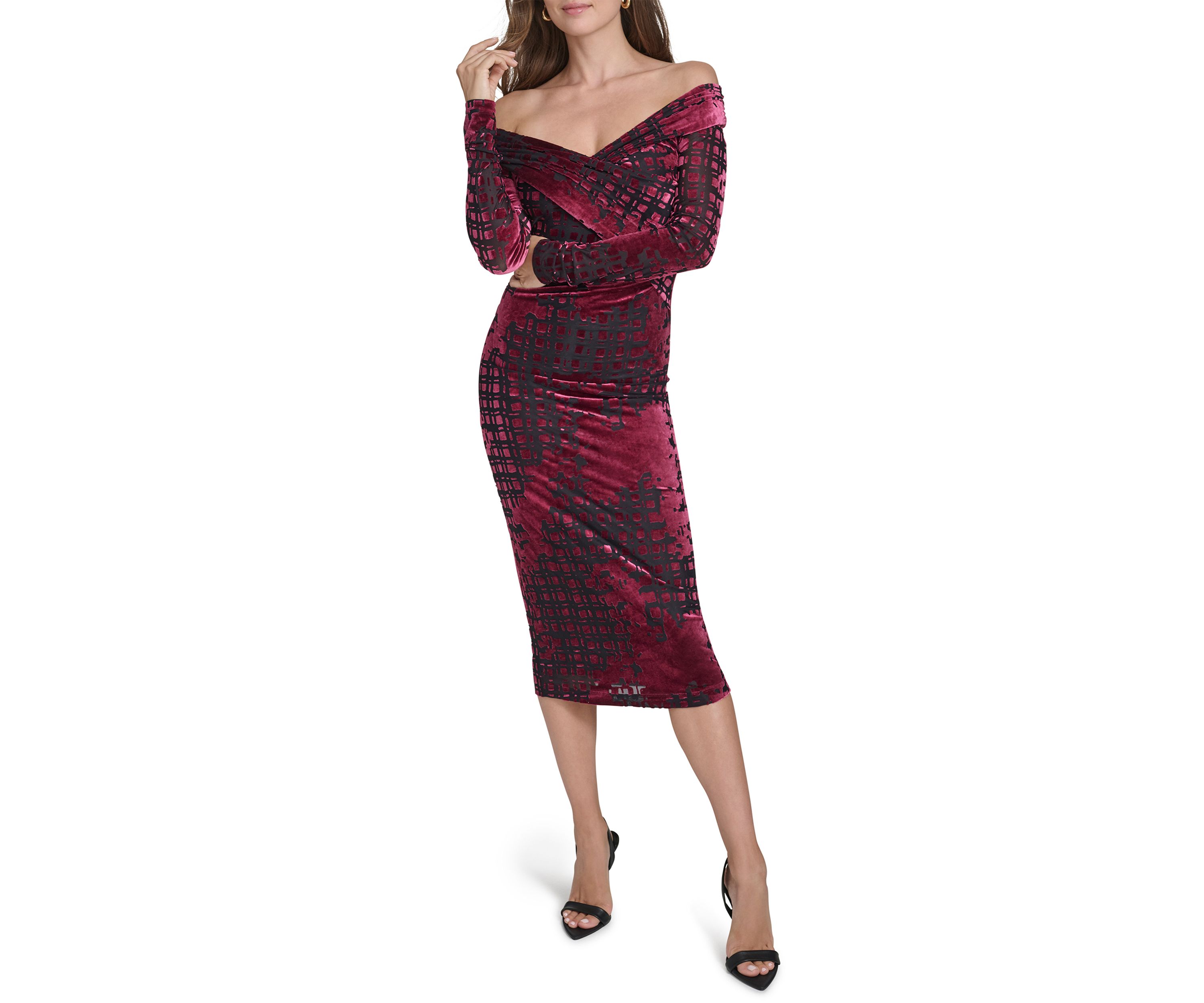 Womens Long Sleeve Off the Shoulder Velvet Midi Sheath Dress