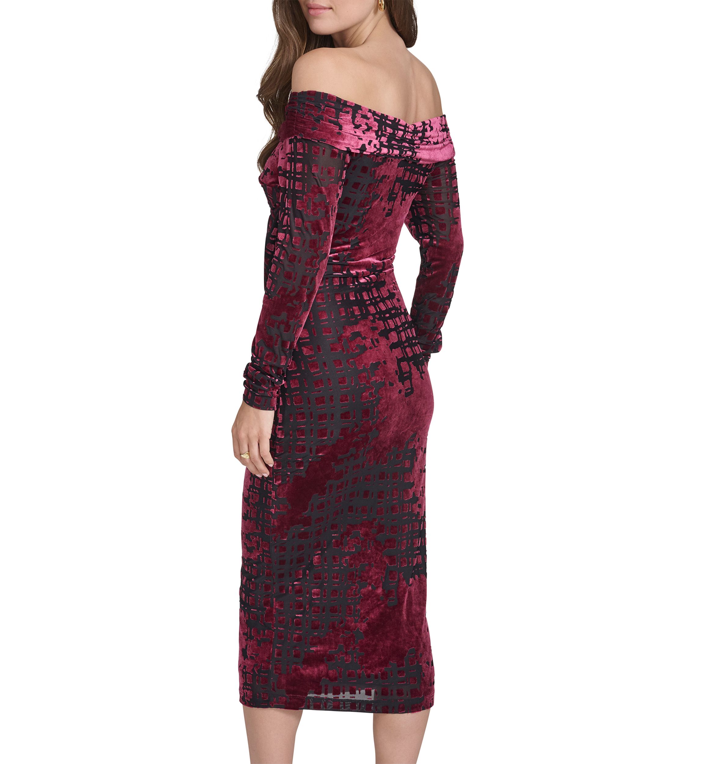 Womens Long Sleeve Off the Shoulder Velvet Midi Sheath Dress