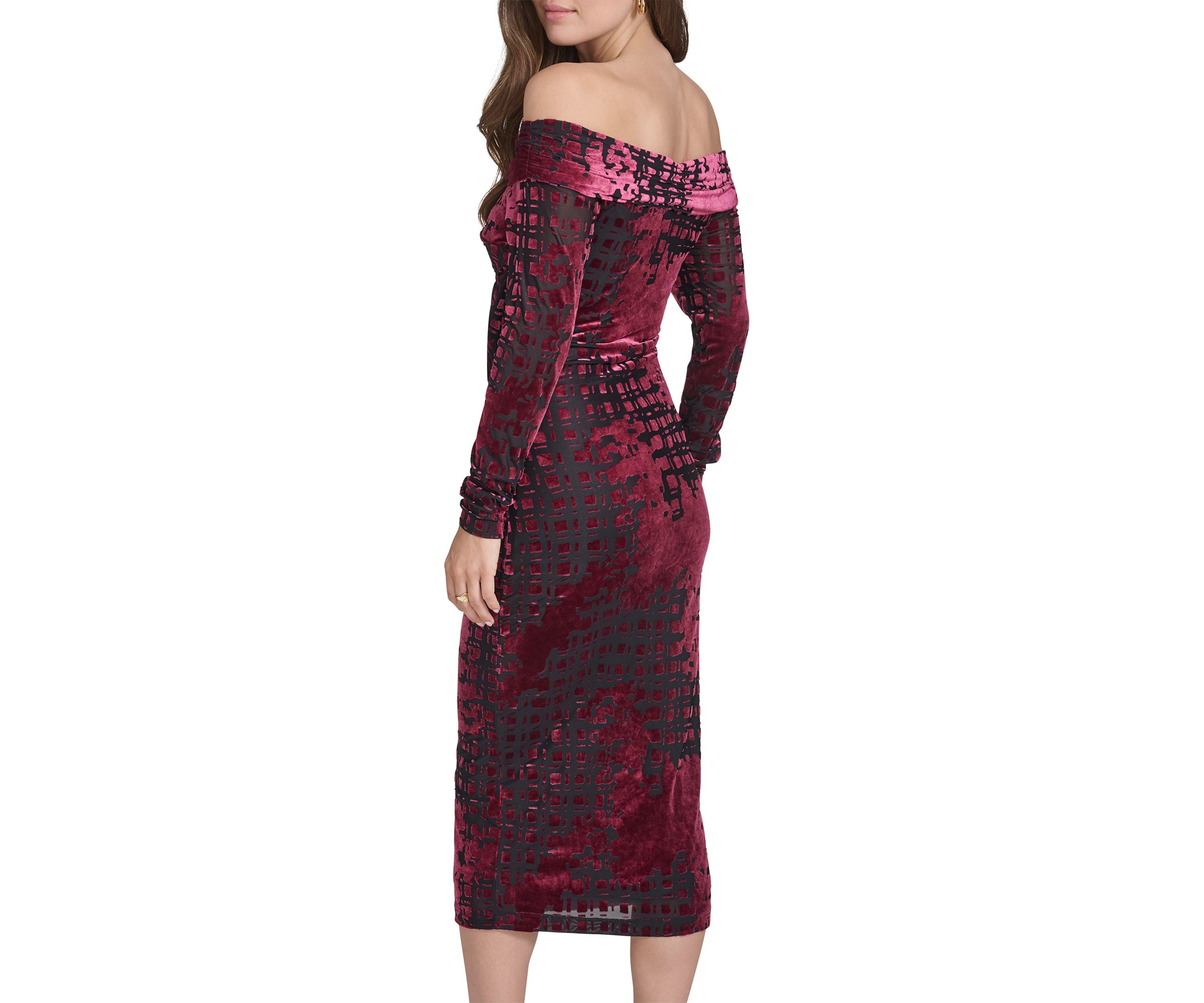 Womens Long Sleeve Off the Shoulder Velvet Midi Sheath Dress