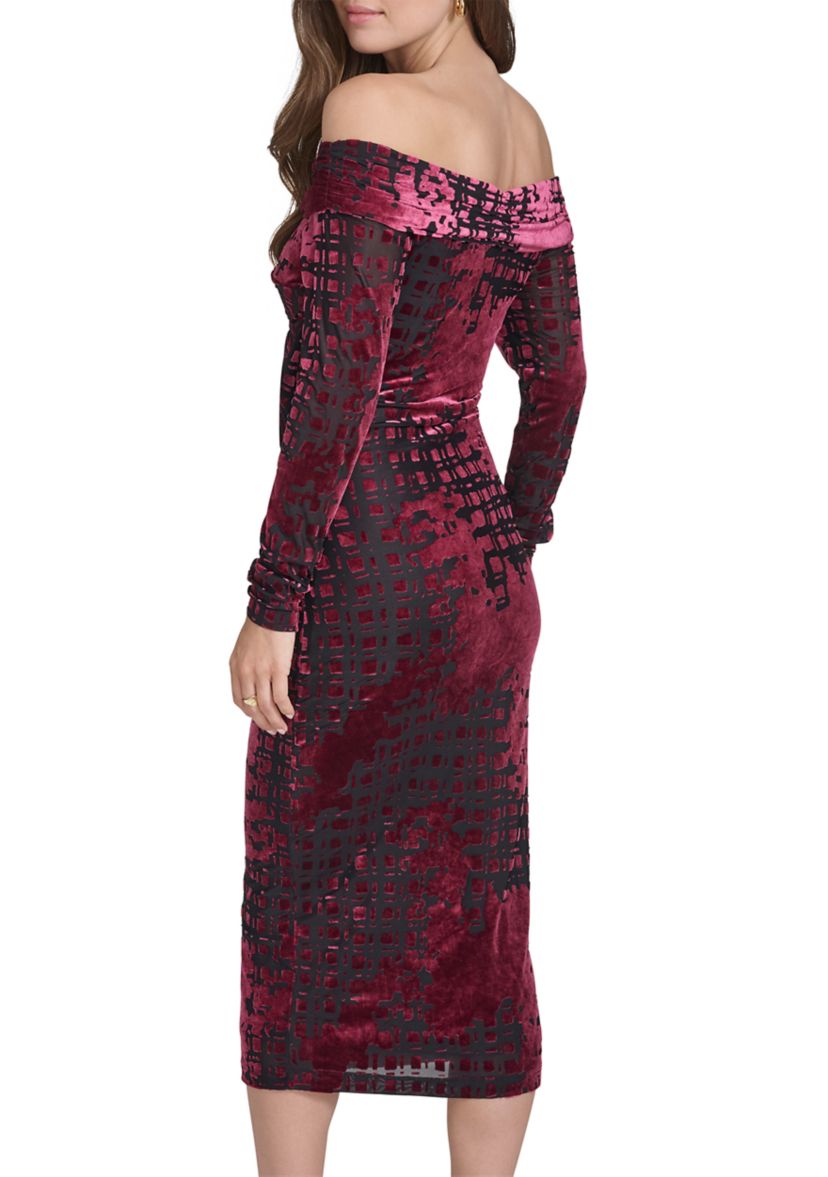 Womens Long Sleeve Off the Shoulder Velvet Midi Sheath Dress