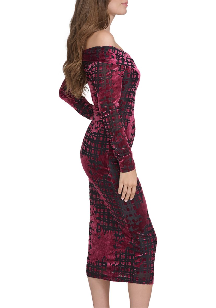 Womens Long Sleeve Off the Shoulder Velvet Midi Sheath Dress