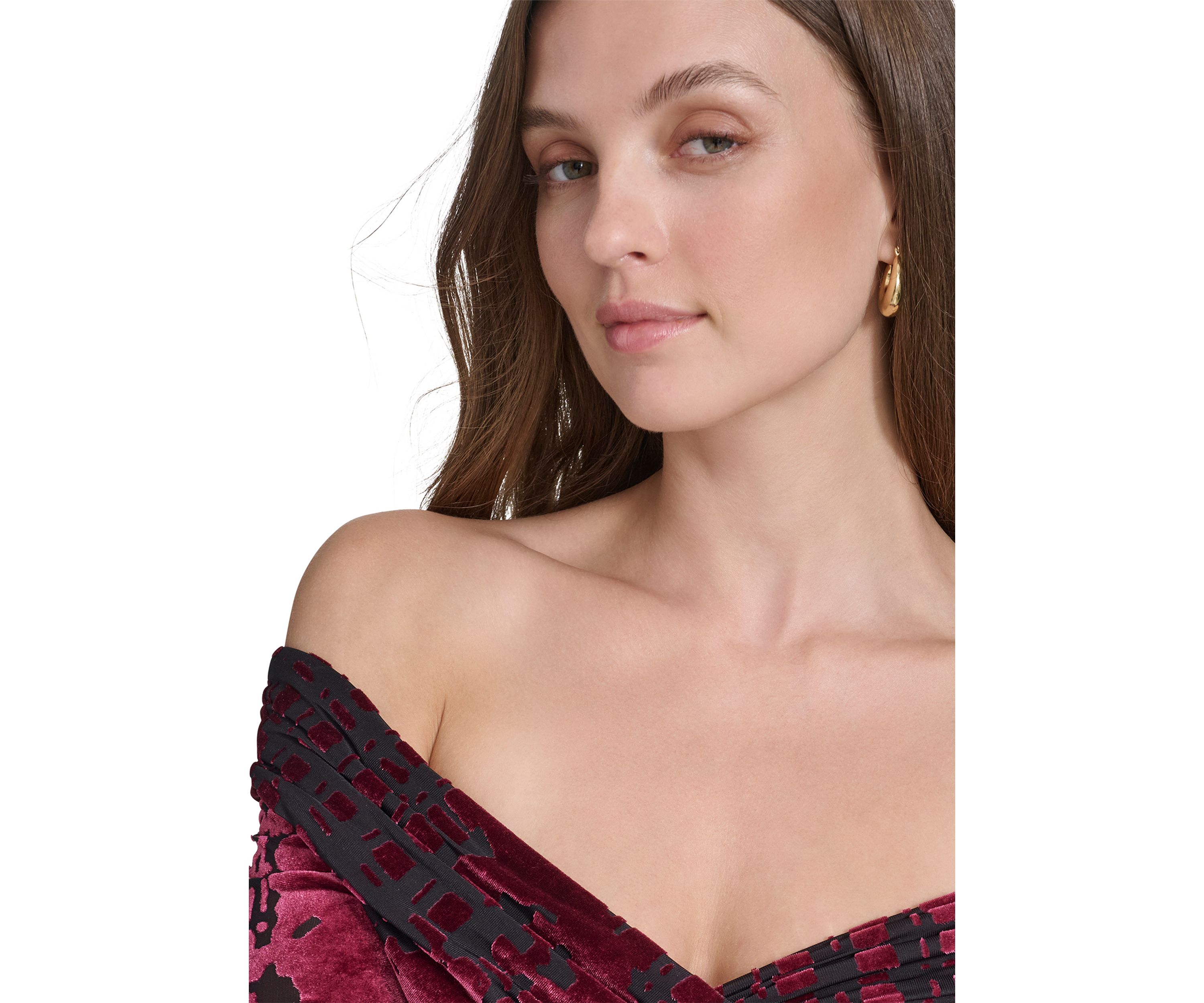 Womens Long Sleeve Off the Shoulder Velvet Midi Sheath Dress