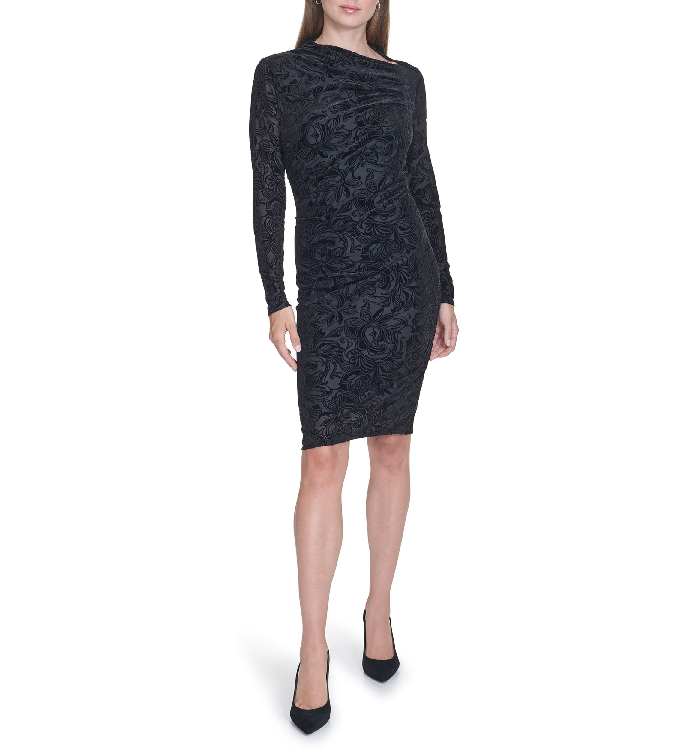 Womens Long Sleeve Asymmetrical Neck Side Ruch Printed Sheath Dress