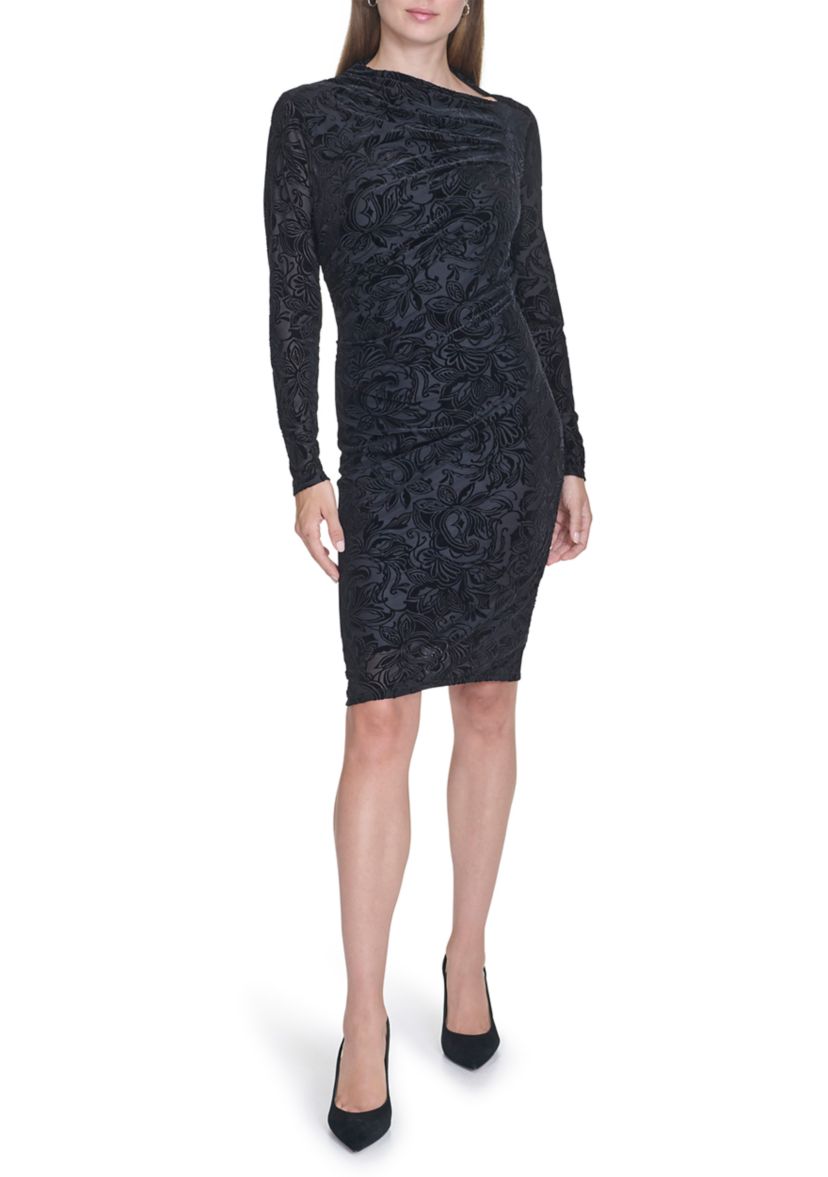 Womens Long Sleeve Asymmetrical Neck Side Ruch Printed Sheath Dress