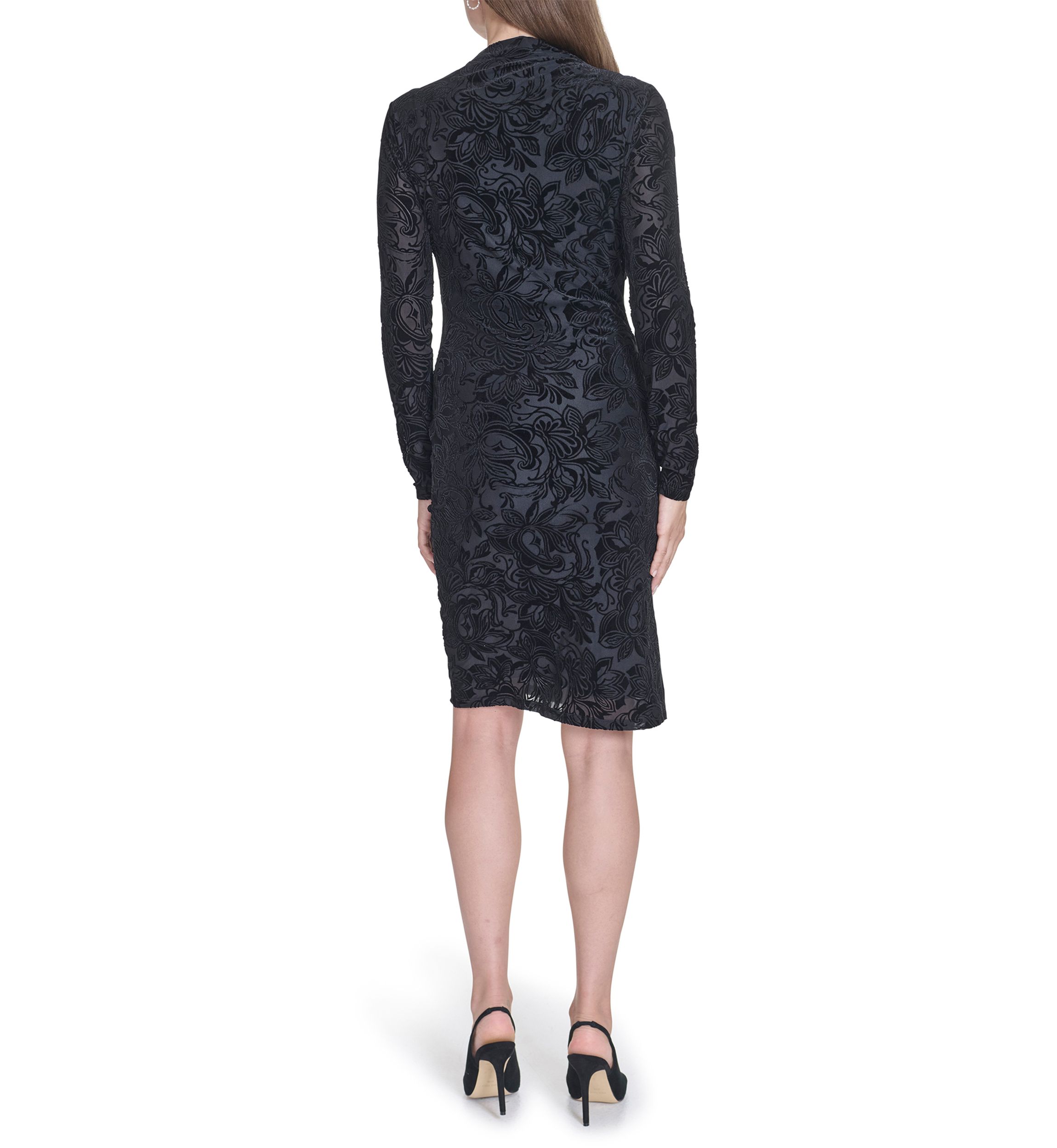 Womens Long Sleeve Asymmetrical Neck Side Ruch Printed Sheath Dress