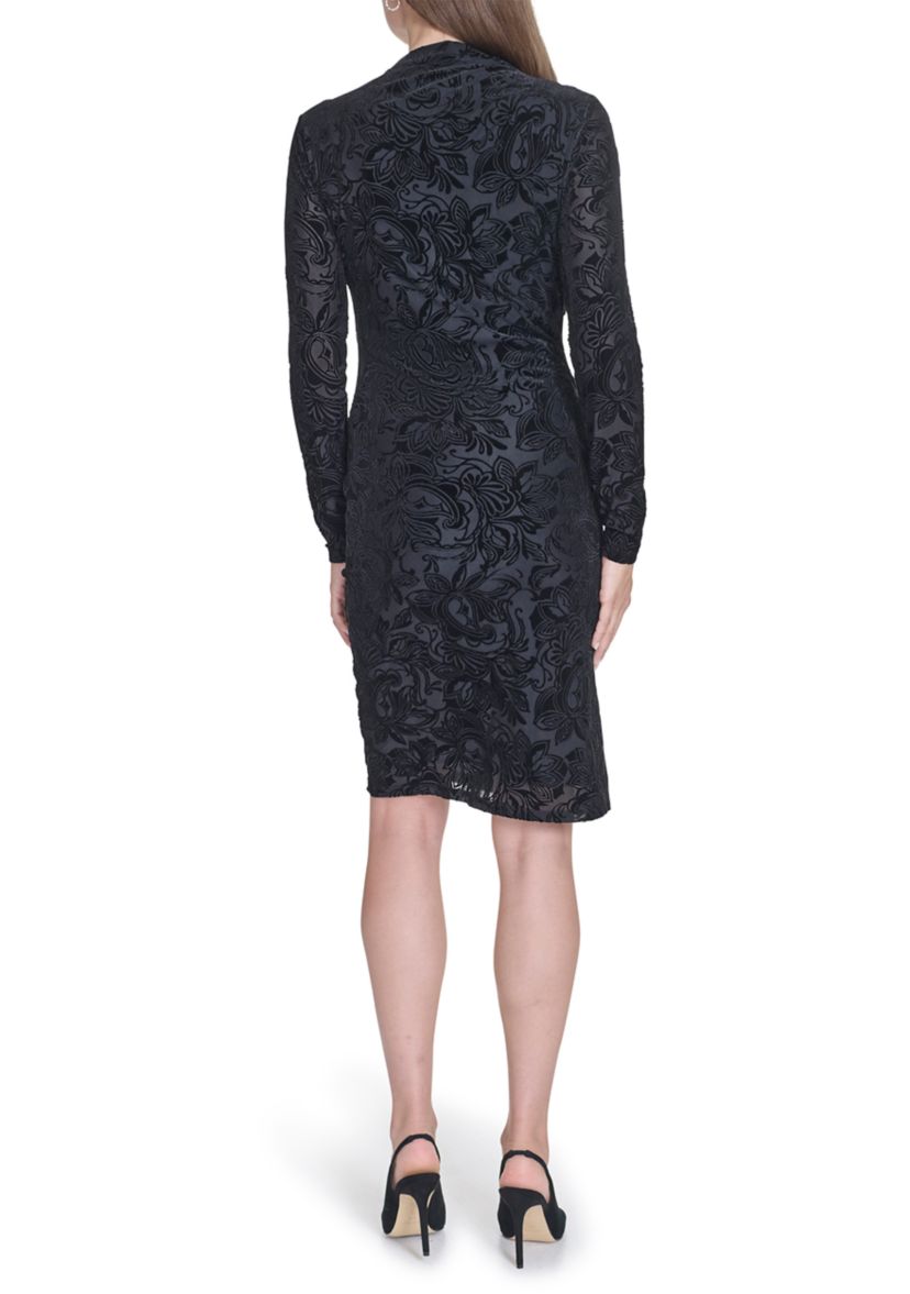 Womens Long Sleeve Asymmetrical Neck Side Ruch Printed Sheath Dress