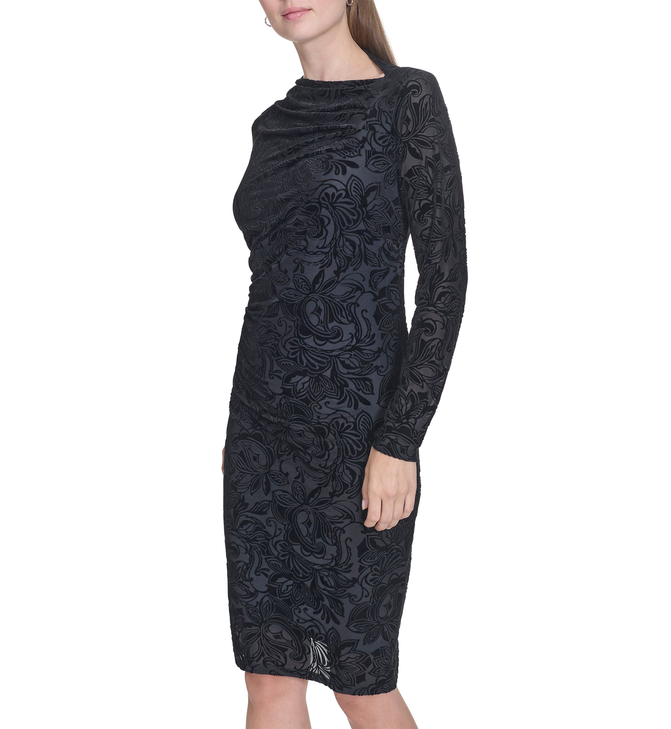Womens Long Sleeve Asymmetrical Neck Side Ruch Printed Sheath Dress