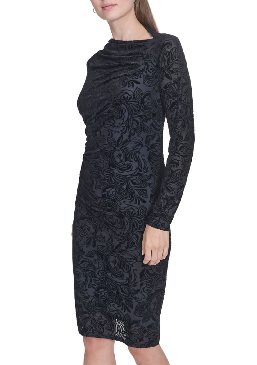 Womens Long Sleeve Asymmetrical Neck Side Ruch Printed Sheath Dress
