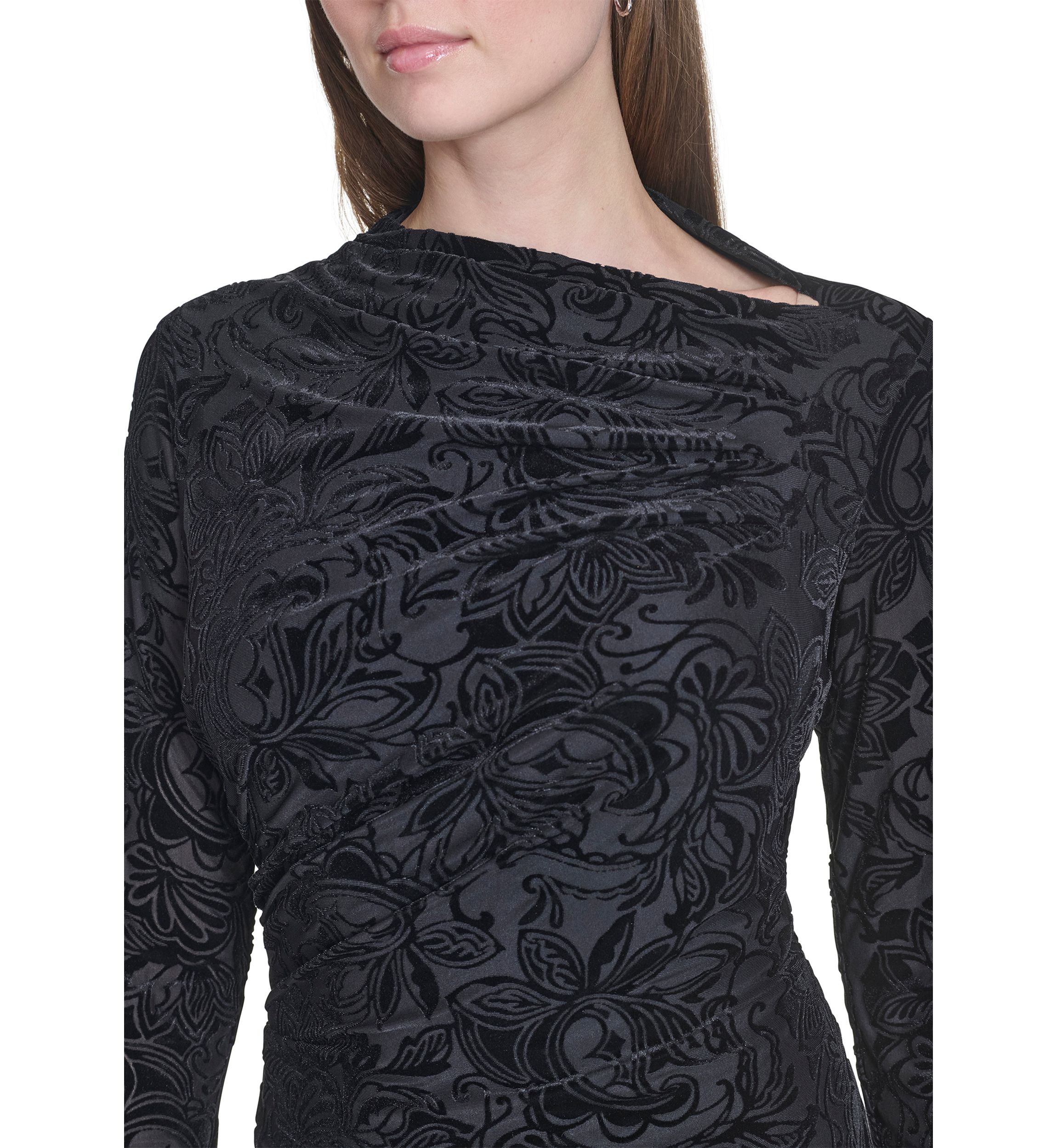 Womens Long Sleeve Asymmetrical Neck Side Ruch Printed Sheath Dress