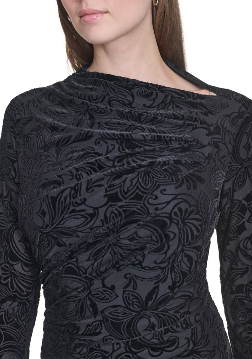Womens Long Sleeve Asymmetrical Neck Side Ruch Printed Sheath Dress