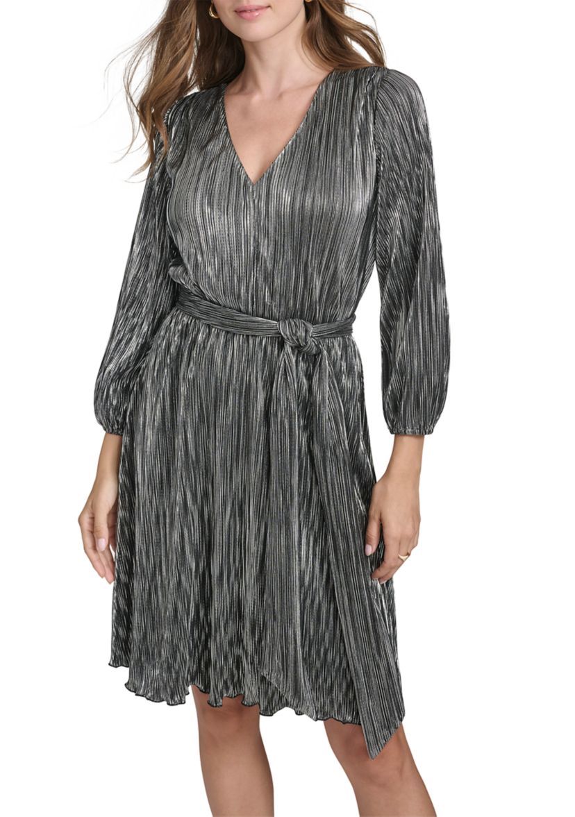 Womens Long Sleeve V-Neck Belted Solid Foil Fit and Flare Dress