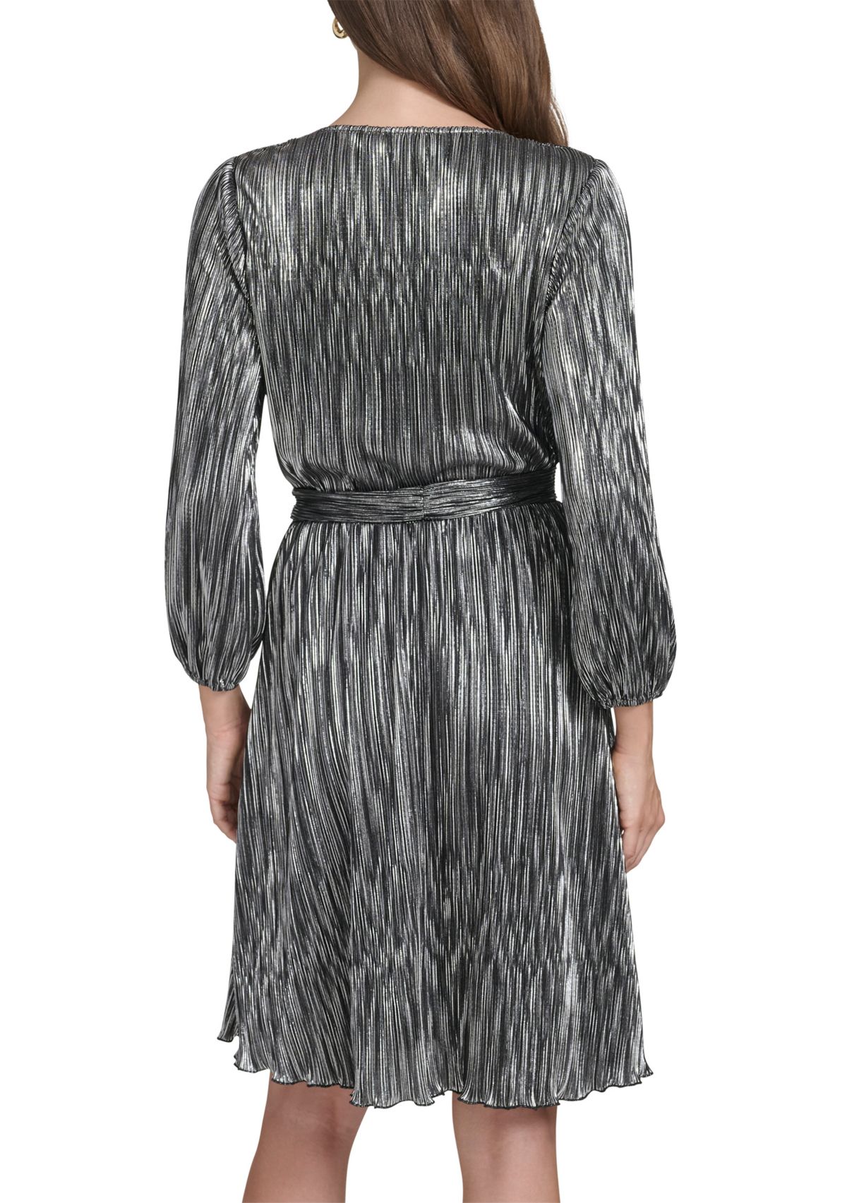 Womens Long Sleeve V-Neck Belted Solid Foil Fit and Flare Dress