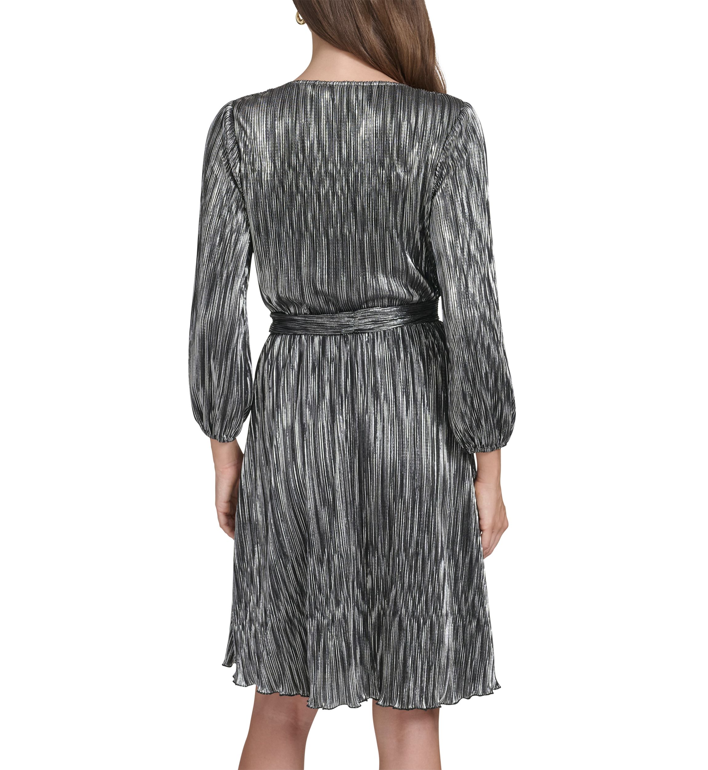 Womens Long Sleeve V-Neck Belted Solid Foil Fit and Flare Dress
