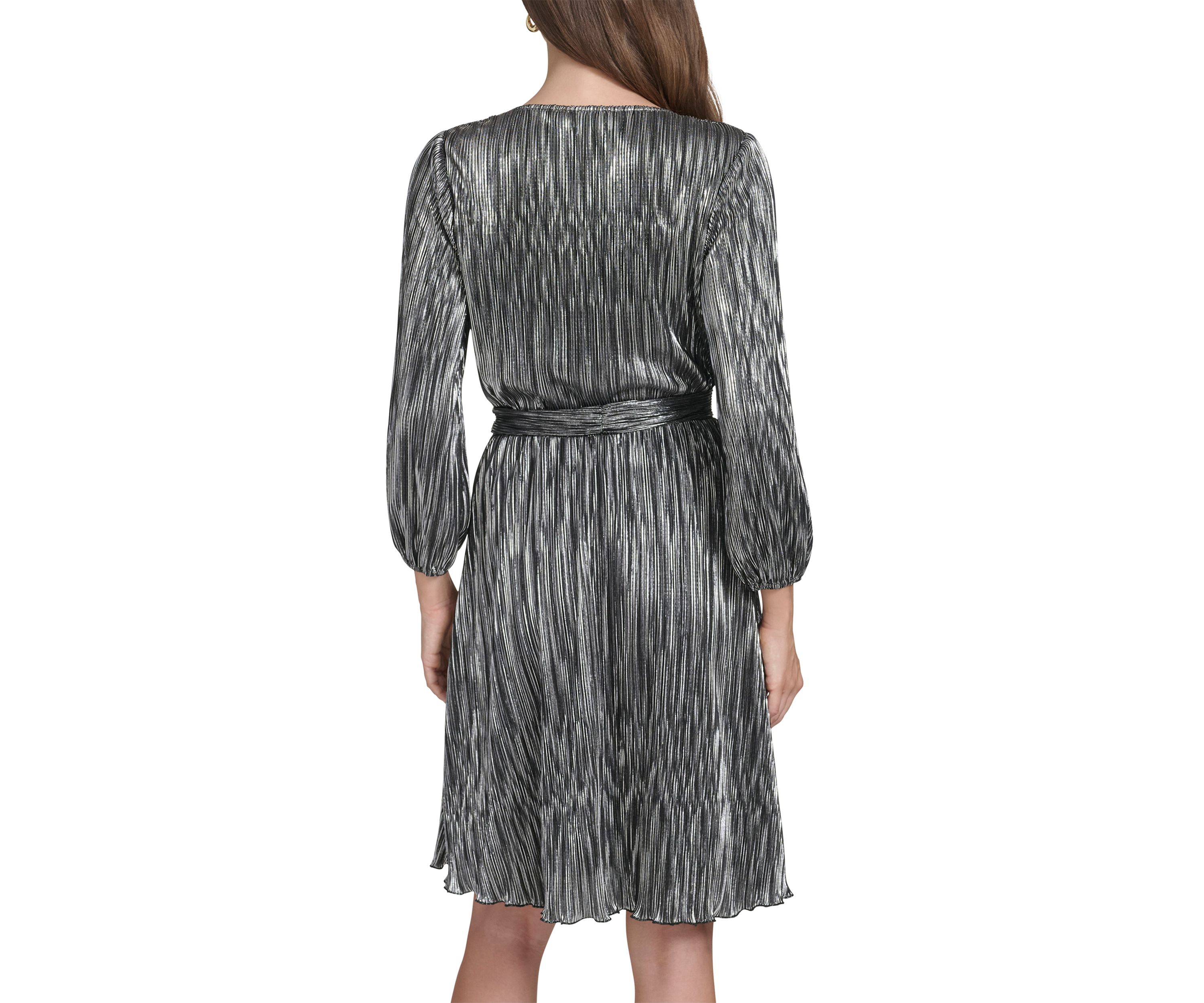 Womens Long Sleeve V-Neck Belted Solid Foil Fit and Flare Dress