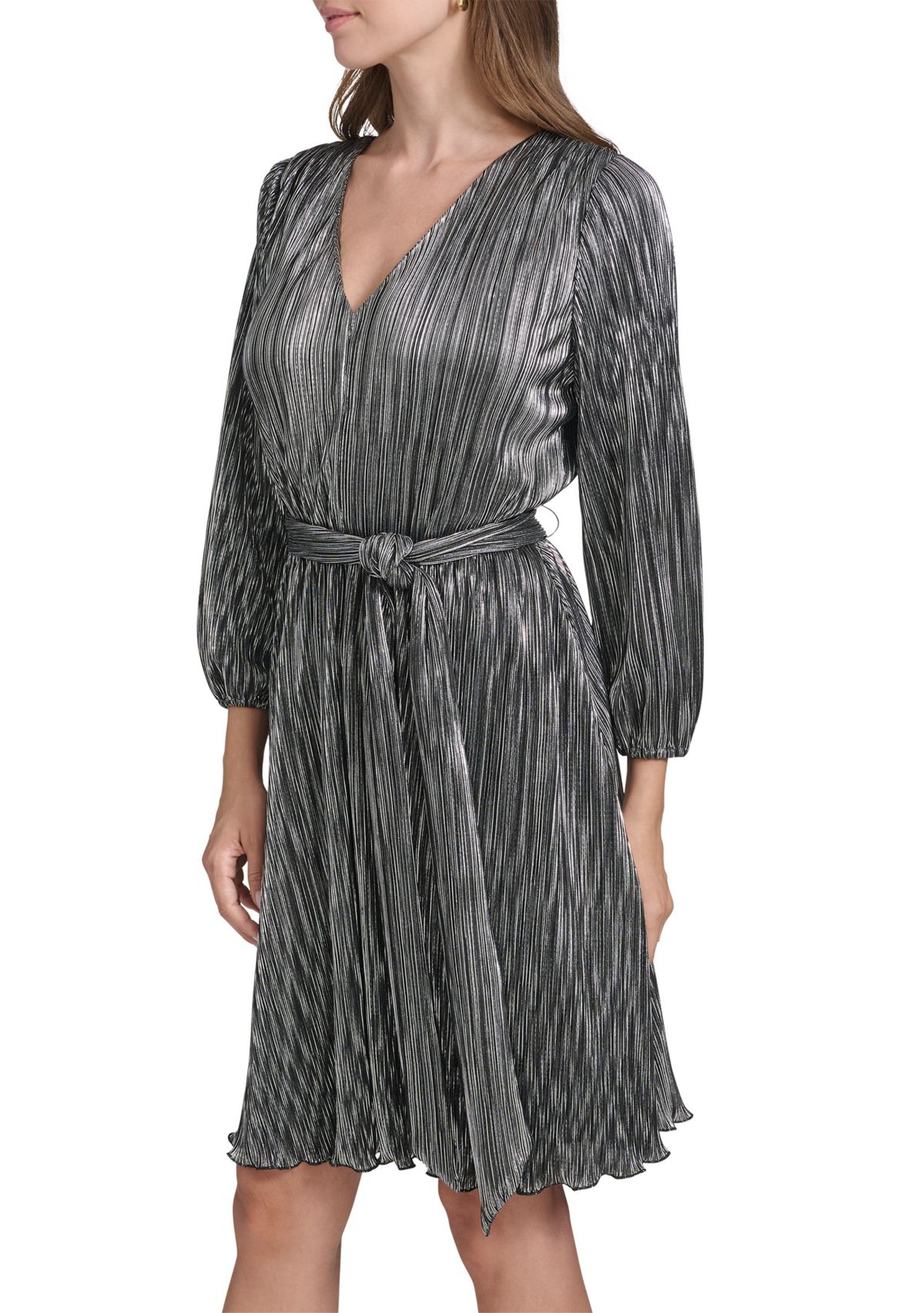 Womens Long Sleeve V-Neck Belted Solid Foil Fit and Flare Dress