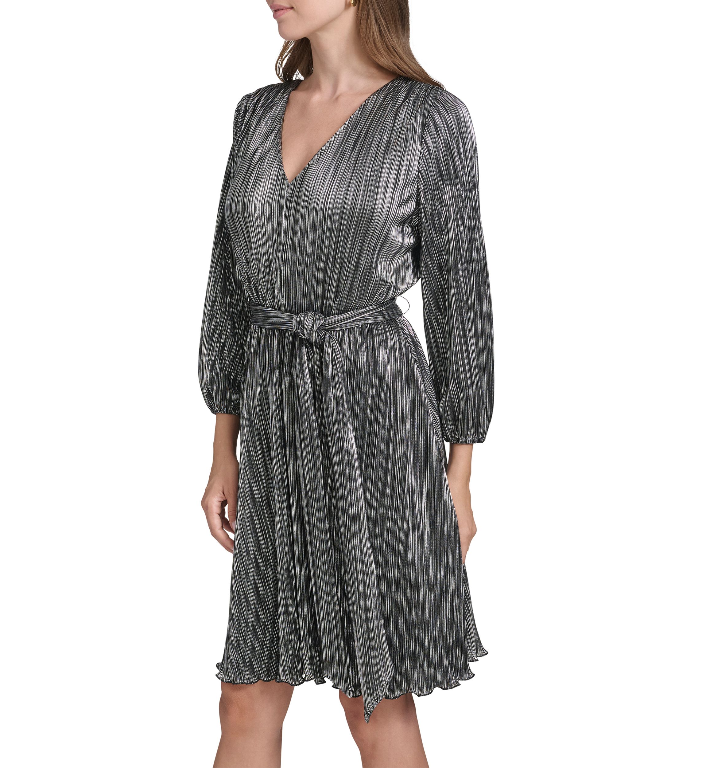 Womens Long Sleeve V-Neck Belted Solid Foil Fit and Flare Dress