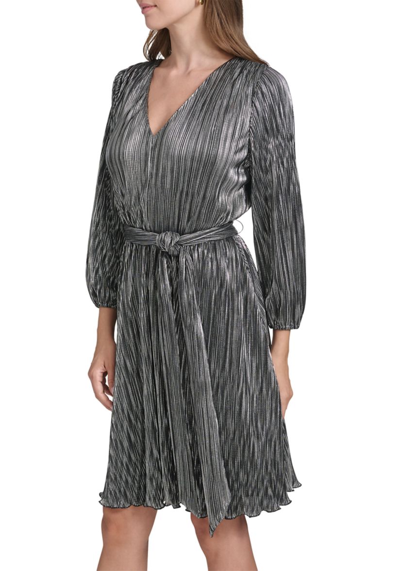 Womens Long Sleeve V-Neck Belted Solid Foil Fit and Flare Dress