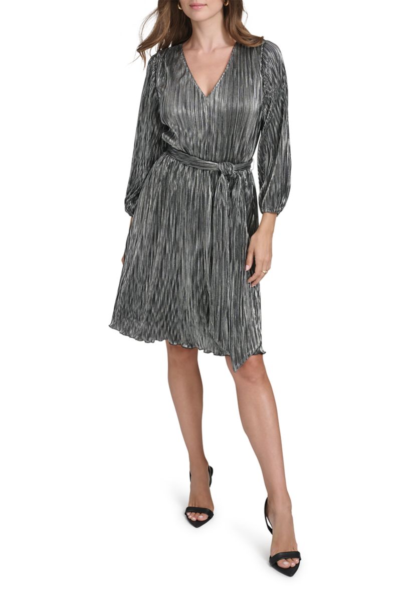 Womens Long Sleeve V-Neck Belted Solid Foil Fit and Flare Dress