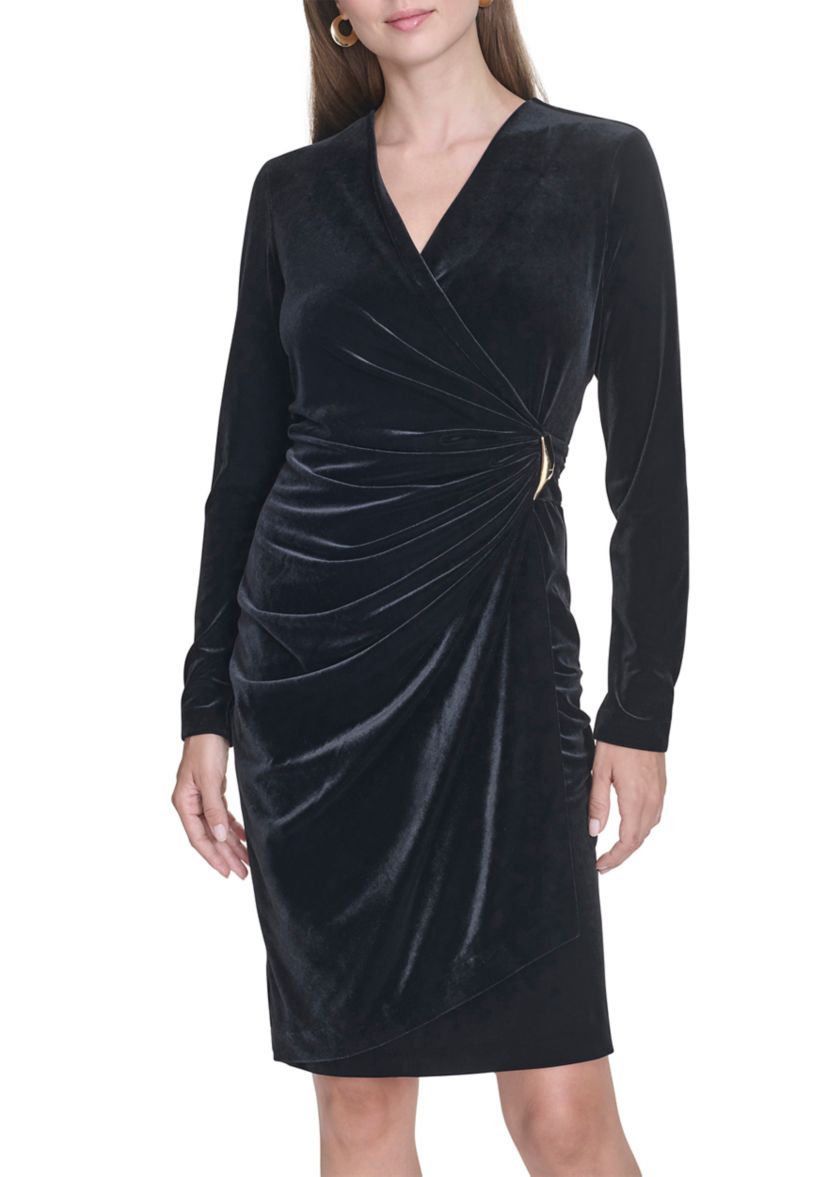 Womens Long Sleeve V-Neck Side Ruch Solid Velvet Sheath Dress