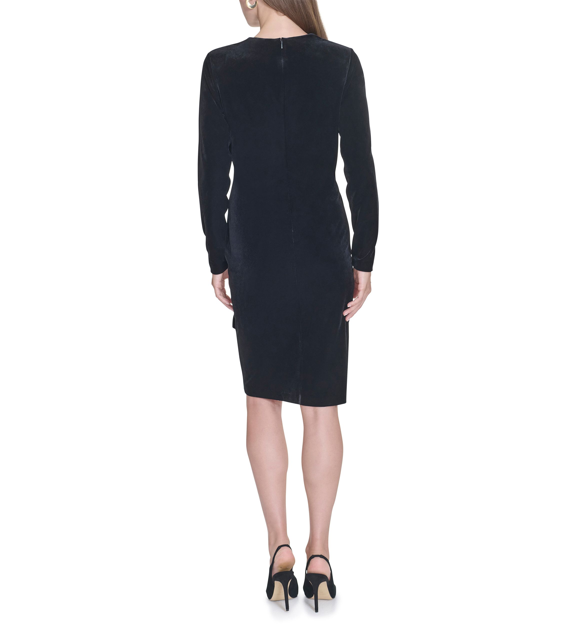 Womens Long Sleeve V-Neck Side Ruch Solid Velvet Sheath Dress