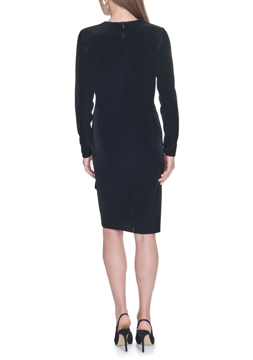 Womens Long Sleeve V-Neck Side Ruch Solid Velvet Sheath Dress