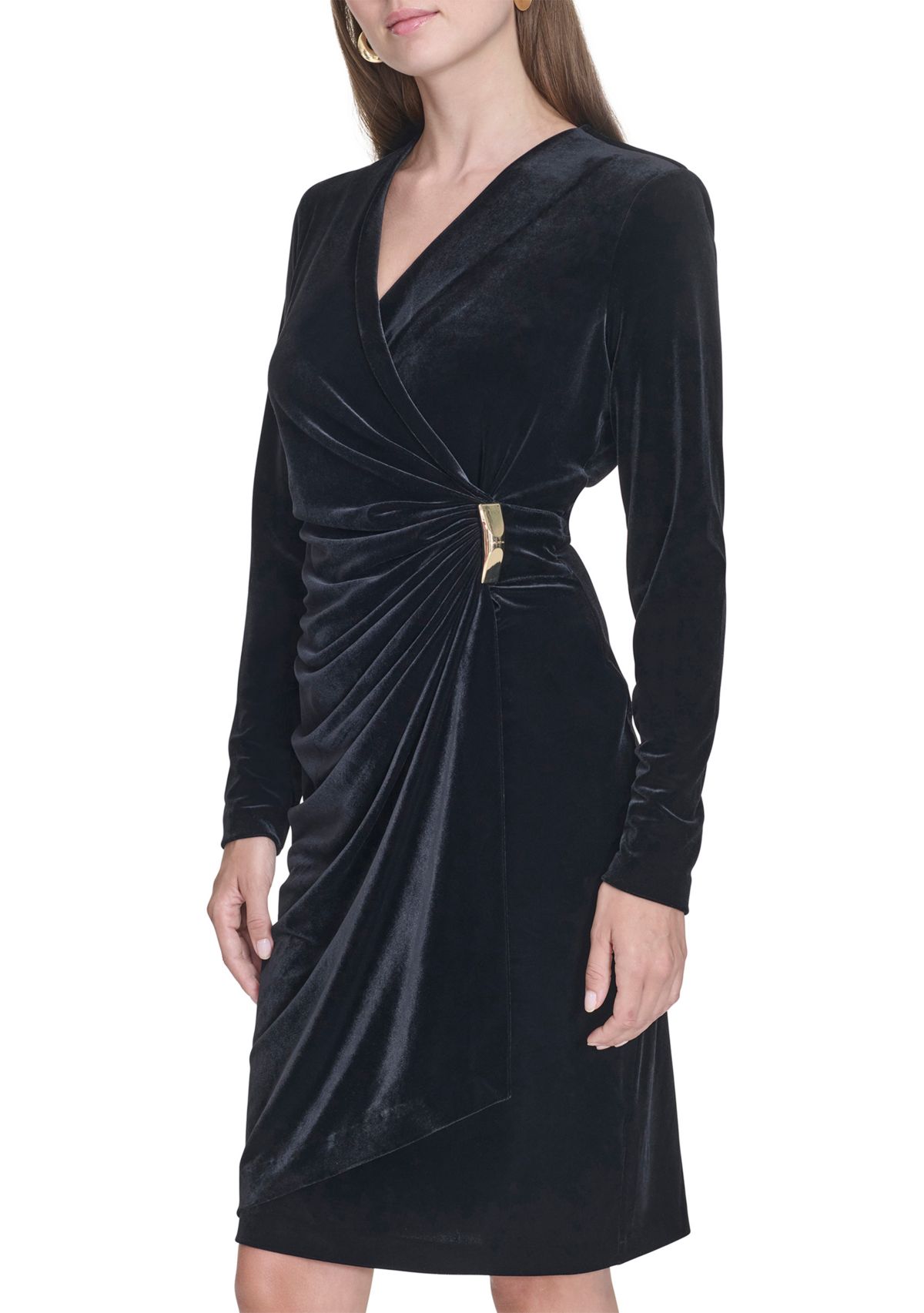 Womens Long Sleeve V-Neck Side Ruch Solid Velvet Sheath Dress