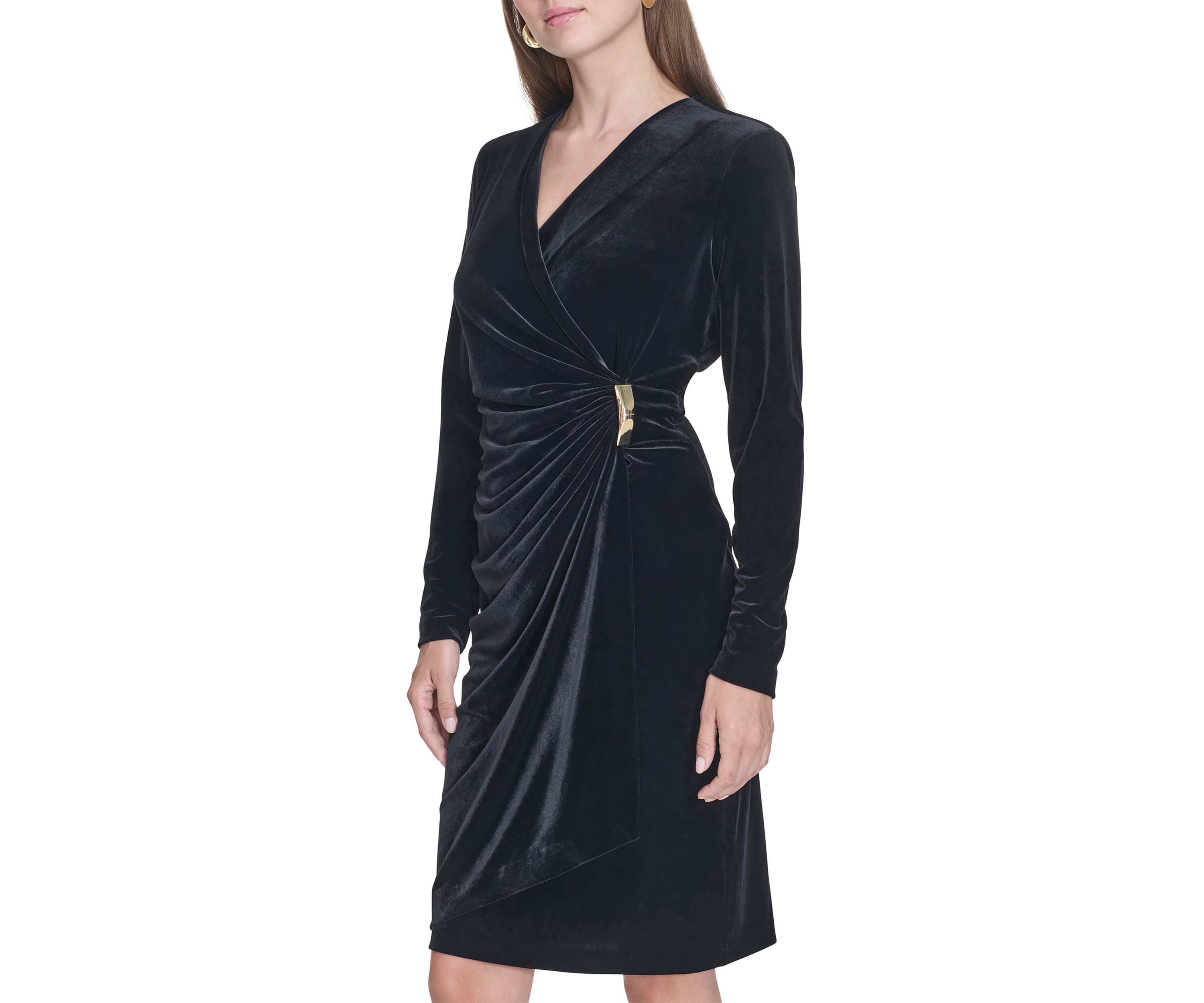 Womens Long Sleeve V-Neck Side Ruch Solid Velvet Sheath Dress